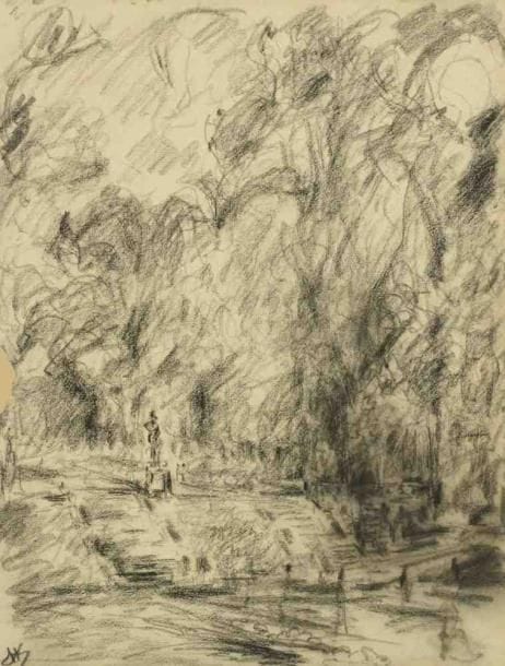Paul KRON (1869-1936)
Paysage à la statue.Fusain.Monogrammé en bas à gauche.41 x 31 cm
