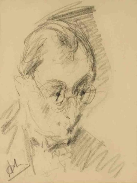Paul KRON (1869-1936)
Homme au lorgnon.Fusain.Monogrammé en bas à gauche.41 x 31 cm