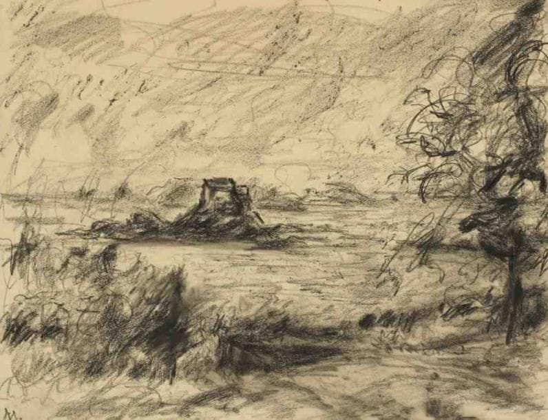 Paul KRON (1869-1936)
Paysage au rocher.Fusain.Monogrammé en bas à gauche.31 x 41 cm