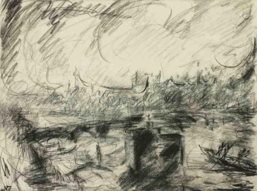 Paul KRON (1869-1936)
Pont sur la rivière.Fusain.Monogrammé en bas à gauche.42 x 30 cm