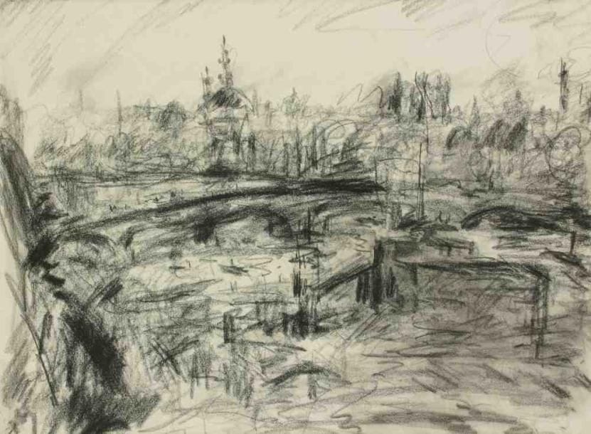 Paul KRON (1869-1936)
Paysage au clocher.Fusain.Monogrammé en bas à gauche.30 x 42 cm