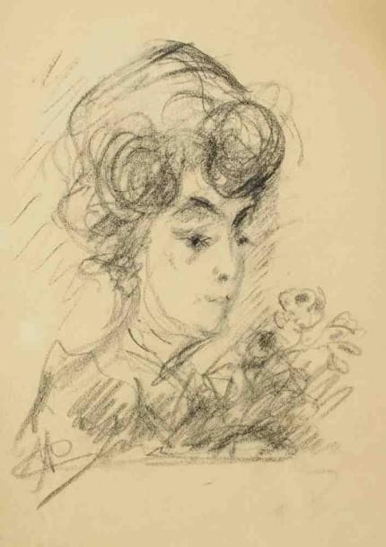 Paul KRON (1869-1936)
Femme aux fleurs.Fusain.Monogrammé en bas à gauche.31 x 22 cm