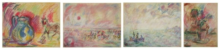 Paul KRON (1869-1936)
Paysages - Portraits - Natures mortes - Sujets divers.Carnet de 26 pastels et fusains.La plupart monogrammés.42 x 32 cm