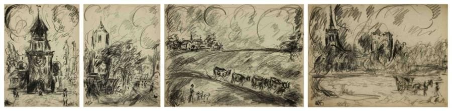 Paul KRON (1869-1936)
Paysages - Portraits - Natures mortes.Carnet d?environ 25 fusains.La plupart monogrammés.24 x 32 cm