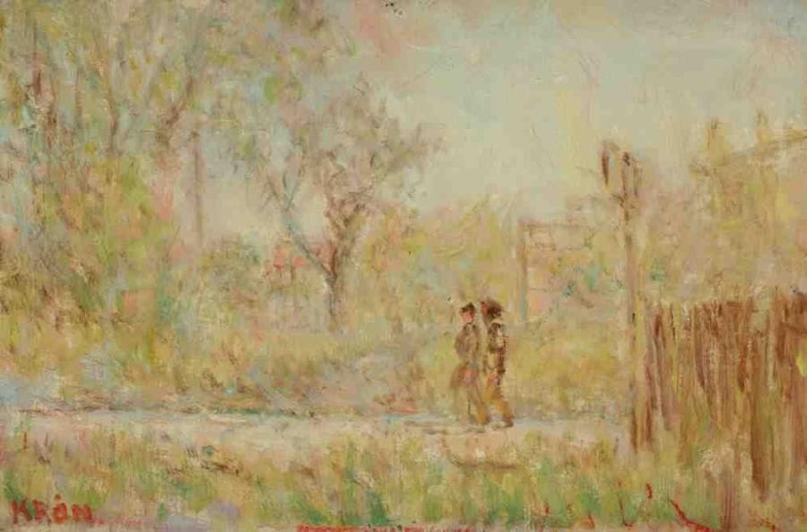 Paul KRON (1869-1936)
La promenade.Huile sur toile.Signée en bas à gauche.27 x 41 cm