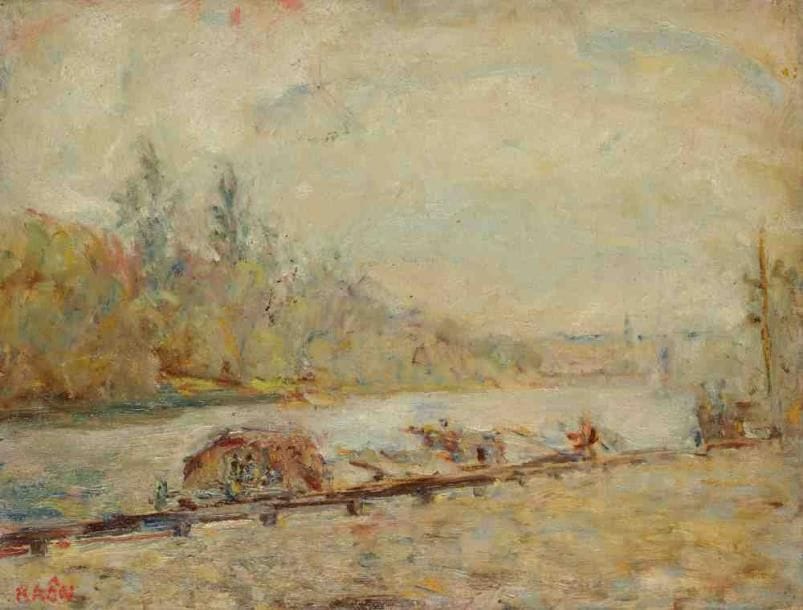 Paul KRON (1869-1936)
Péniche à quai.Huile sur toile.Signée en bas à gauche.46 x 61 cm