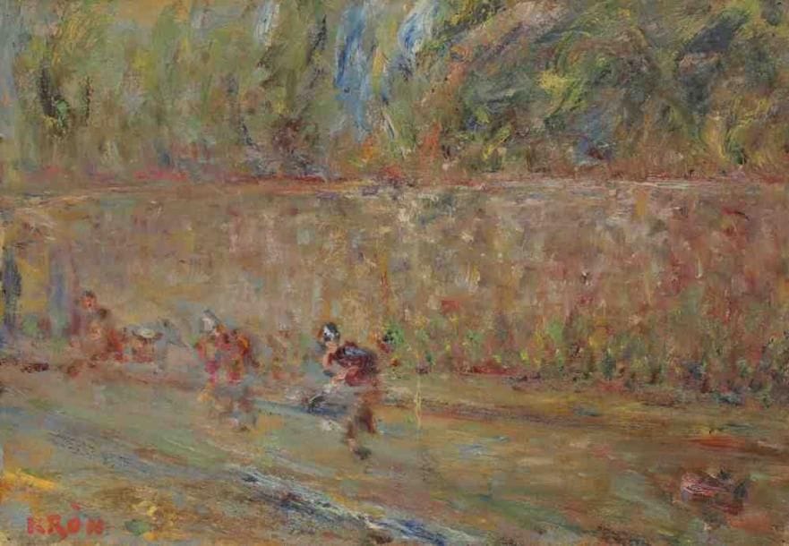 Paul KRON (1869-1936)
Les lavandières.Huile sur toile.Signée en bas à gauche.(Manques).38 x 54 cm