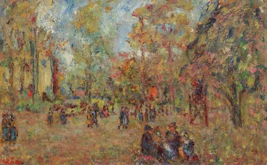 Paul KRON (1869-1936)
Promeneurs dans les bois.Huile sur toile.Signée en bas à gauche.(Manques).38 x 61 cm