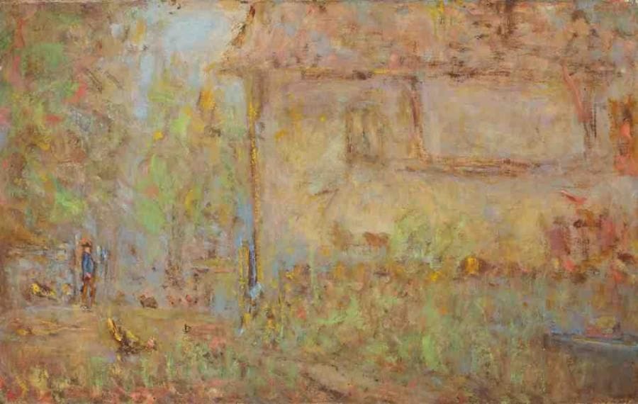 Paul KRON (1869-1936)
La cour de ferme.Huile sur toile.Signée en bas à gauche.(Accident).38 x 61 cm
