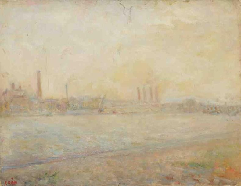 Paul KRON (1869-1936)
Usines au bord du fleuve.Huile sur toile.Signée en bas à gauche.(Taches).46 x 61 cm