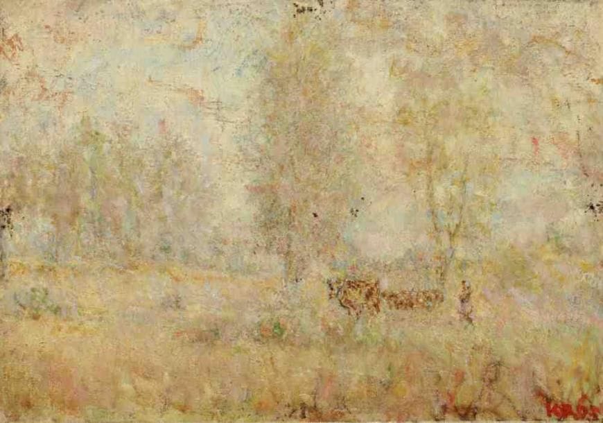Paul KRON (1869-1936)
Berger et son troupeau.Huile sur toile.Signée en bas à droite.(Trous de punaise).24 x 35 cm