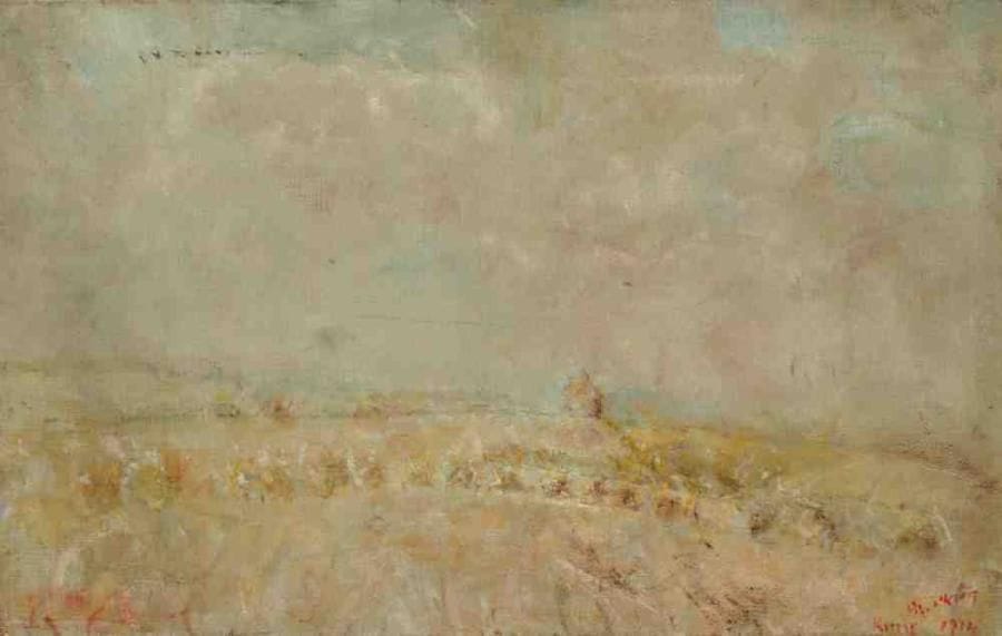 Paul KRON (1869-1936)
Paysage de campagne, 1914.Huile sur toile.Signée, datée et située Reims en bas à droite.22 x 35 cm