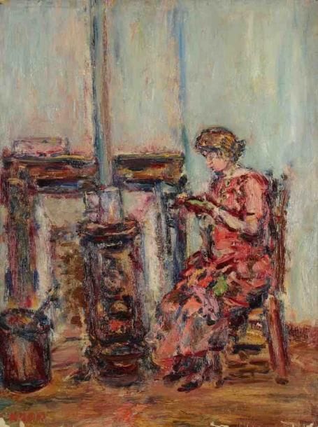 Paul KRON (1869-1936)
Femme au poêle.Huile sur toile.Signée en bas à gauche.(Manques).61 x 46 cm