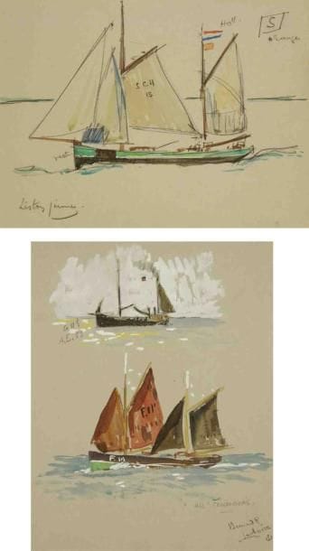 Bernard LACHEVRE (1885-1950)
Un «Fécannais» - Étude de voilier Gouache et fusain. L'un signé et titré en bas à droite. 29 x 23 cm et 22 x 29,5 cm