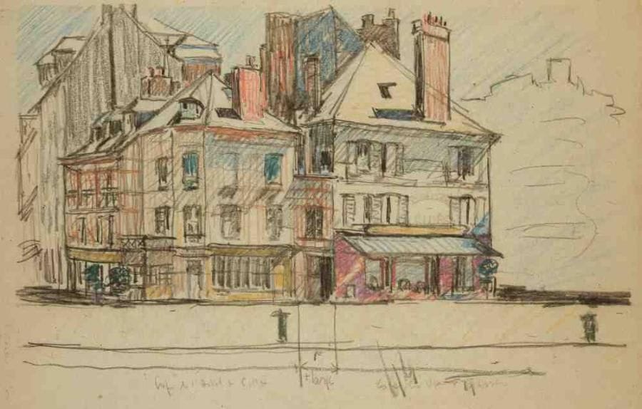 Bernard LACHEVRE (1885-1950)
Honfleur, café du vieux bassin Crayon gras. Non signé. Titré en bas. 35 x 55 cm