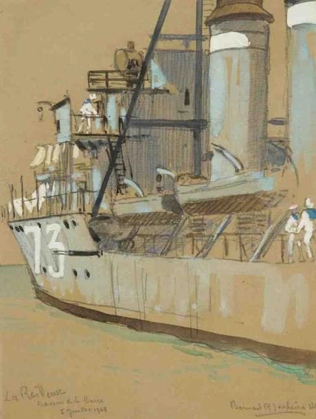Bernard LACHEVRE (1885-1950)
La Railleuse - Bassin de la Barre, Le Havre, 1928 Gouache et fusain. Signé en bas à droite. Daté 5 juillet 1928, titré et situé en bas à gauche. 30 x 22,5 cm