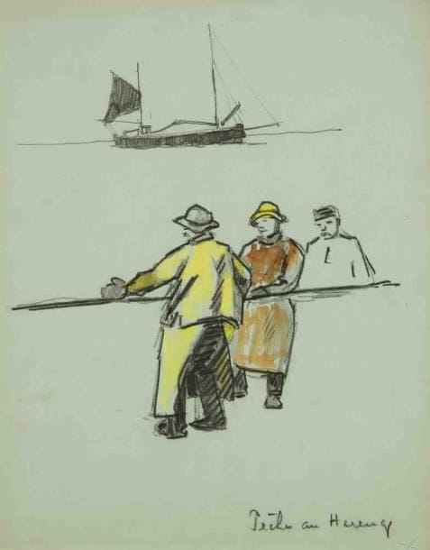Bernard LACHEVRE (1885-1950)
Pêche au Hareng Gouache et fusain sur papier bleuté. Non signé. Titré en bas à droite. 29 x 23 cm