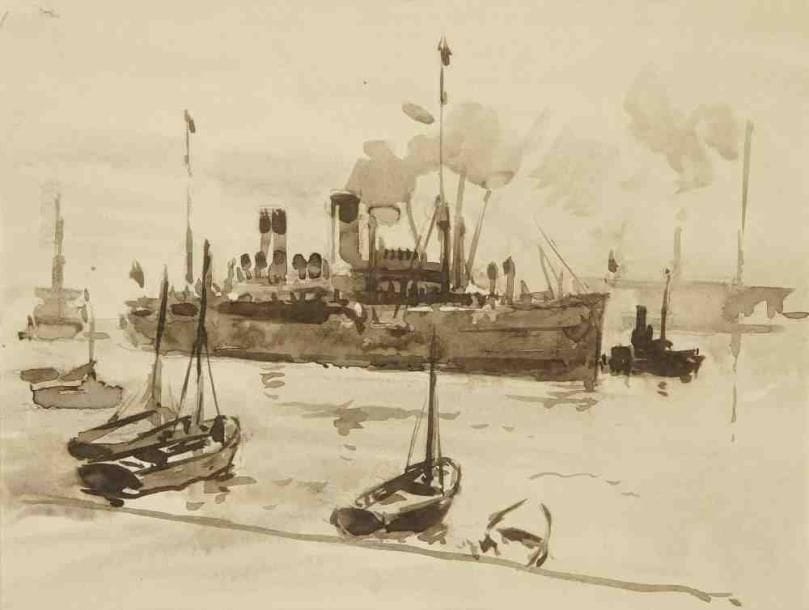 Bernard LACHEVRE (1885-1950)
Entrée au port Encre et lavis d'encre. Non signé. (Petits accidents). 21 x 27,5 cm