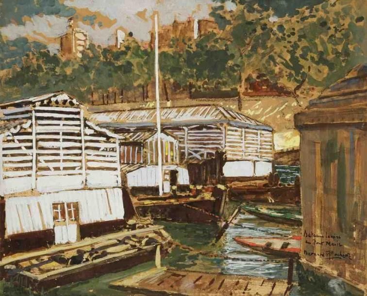 Bernard LACHEVRE (1885-1950)
Bateaux lavoirs au Pont-Marie Gouache. Signée et située en bas à droite. 39 x 48 cm