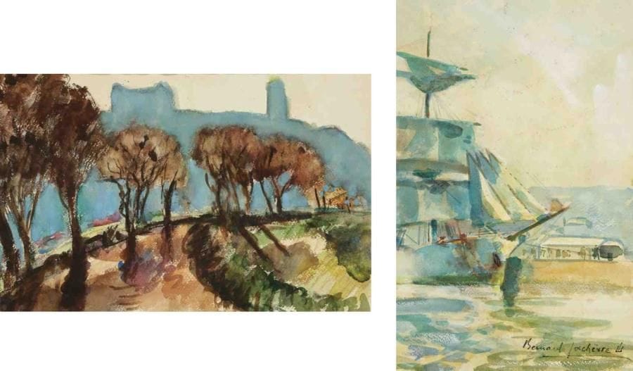 Bernard LACHEVRE (1885-1950)
Voilier au port Aquarelle et gouache. Signée en bas à droite. Au dos: Paysage du sud de la France. 45,5 x 29 cm