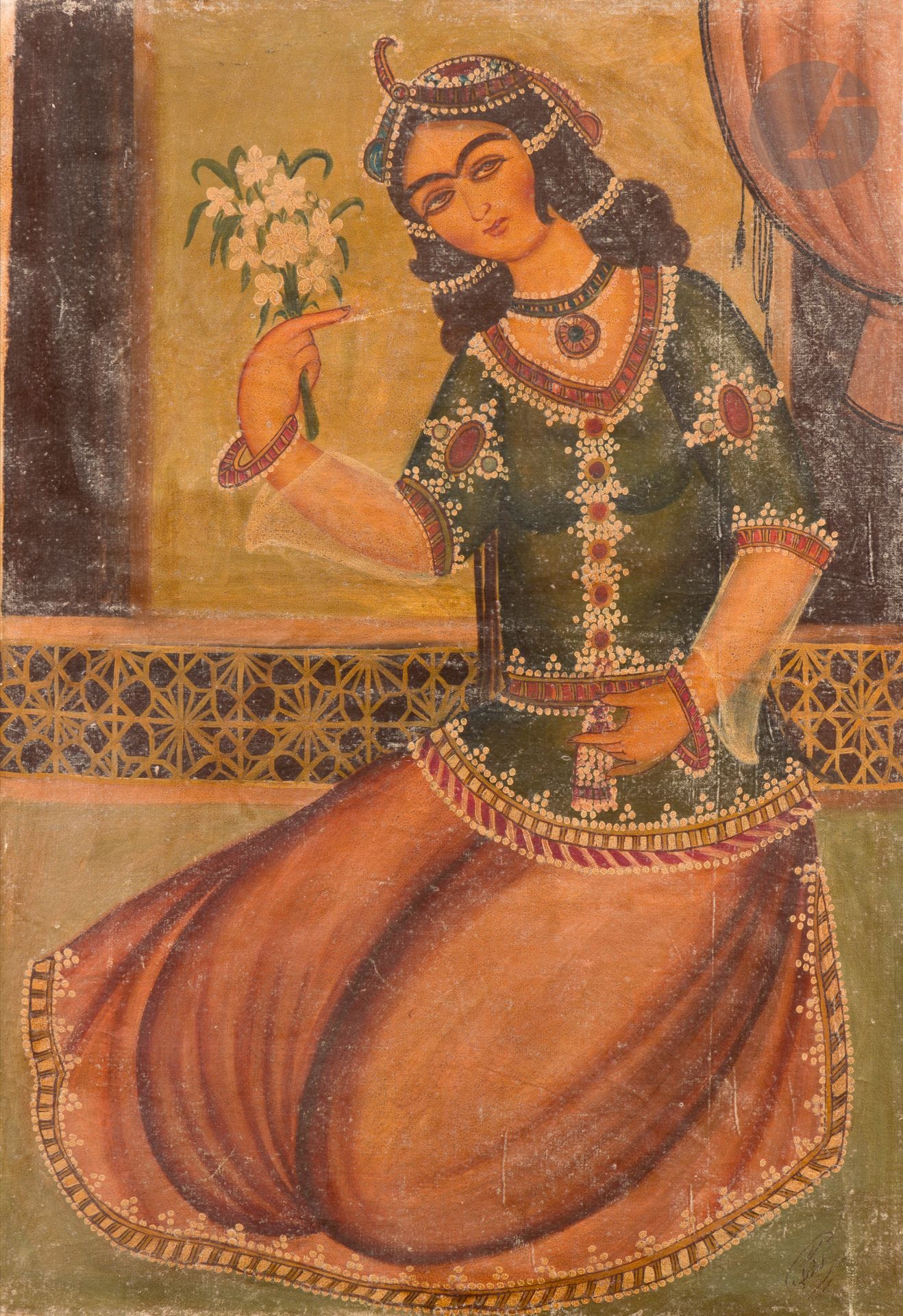 Woman with bouquet, Iran qâjâr, 19th century
Oil on canvas depicting a woman kneeling before the parapet closing a window. Elegantly dressed and richly adorned with pearls and gems, she holds a bouquet in her right hand, seemingly inhaling its fragrance. Signature lower right read as [Rassam] Arzanghi (so potentially added later). 
90 x 45 cm
Wear and minor chips.

A Qajar Painting of a Lady with Flowers, Iran, 19th century