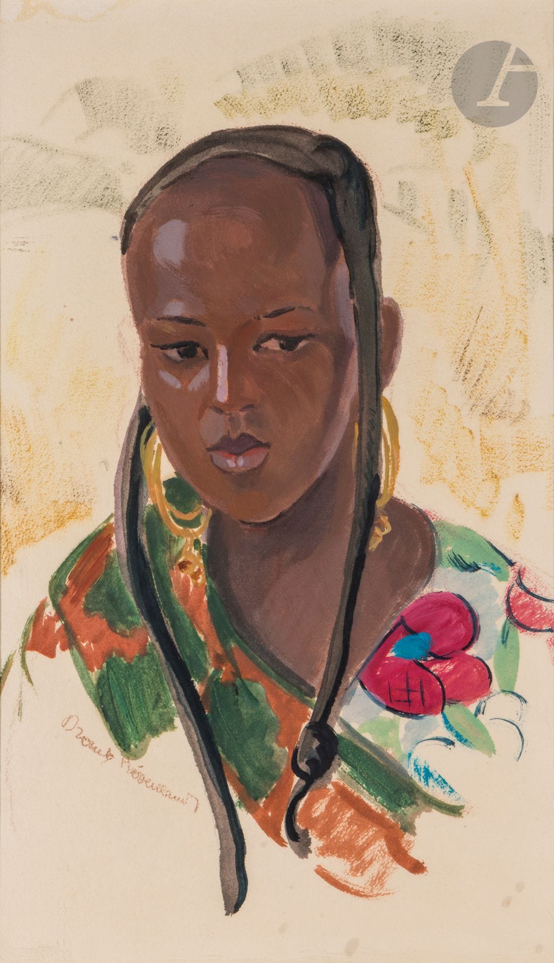 Suzanne DROUET-REVEILLAUD (1885-1970)
Portrait de femme camerounaise vers 1950
Gouache.
Signée en bas à gauche.
40 x 24 cm