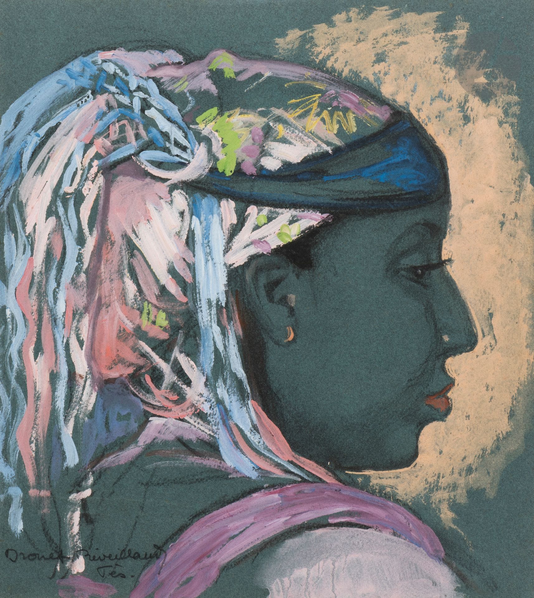 Suzanne DROUET-REVEILLAUD (1885-1970)
Portrait de femme de profil, Fès vers 1925
Gouache.
Signée et située en bas à gauche.
31 x 28 cm