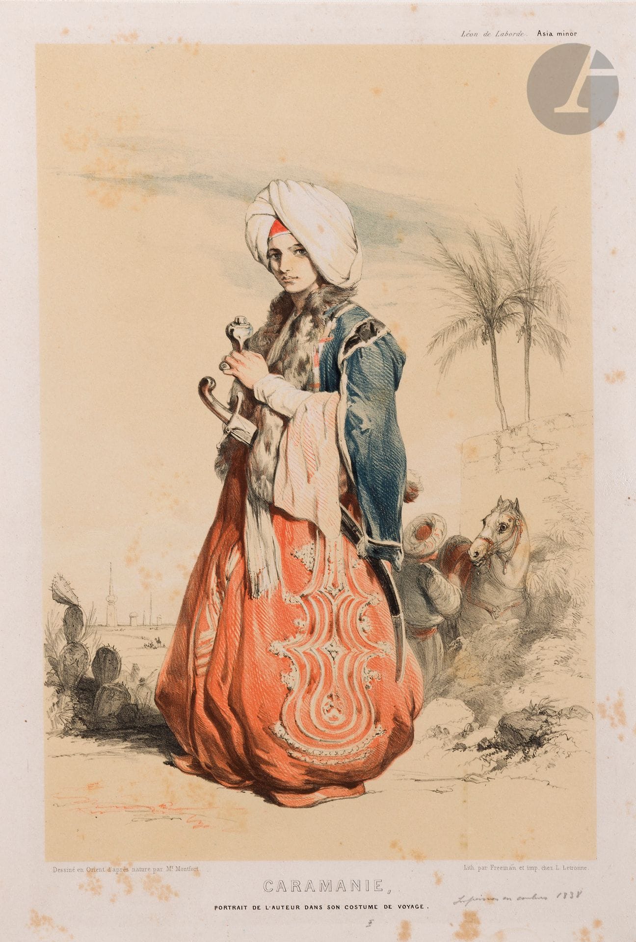 lot d’estampes d’après Montfort, Eugène Flandin, Jean-Baptiste Hilaire
- Caramanie, portrait de l’auteur dans son costume de voyage, lithographie, 34 x 23 cm ; - Mollah ou Prêtre, lithographie, 34 x 24 cm ; - Vue générale du port et de la ville de Constantinople, eau-forte, à vue : 33,5 x 53 cm
On joint deux lithographies : View of Ibrem, Nubia ; Fontaine de Siloe près de Jérusalem.