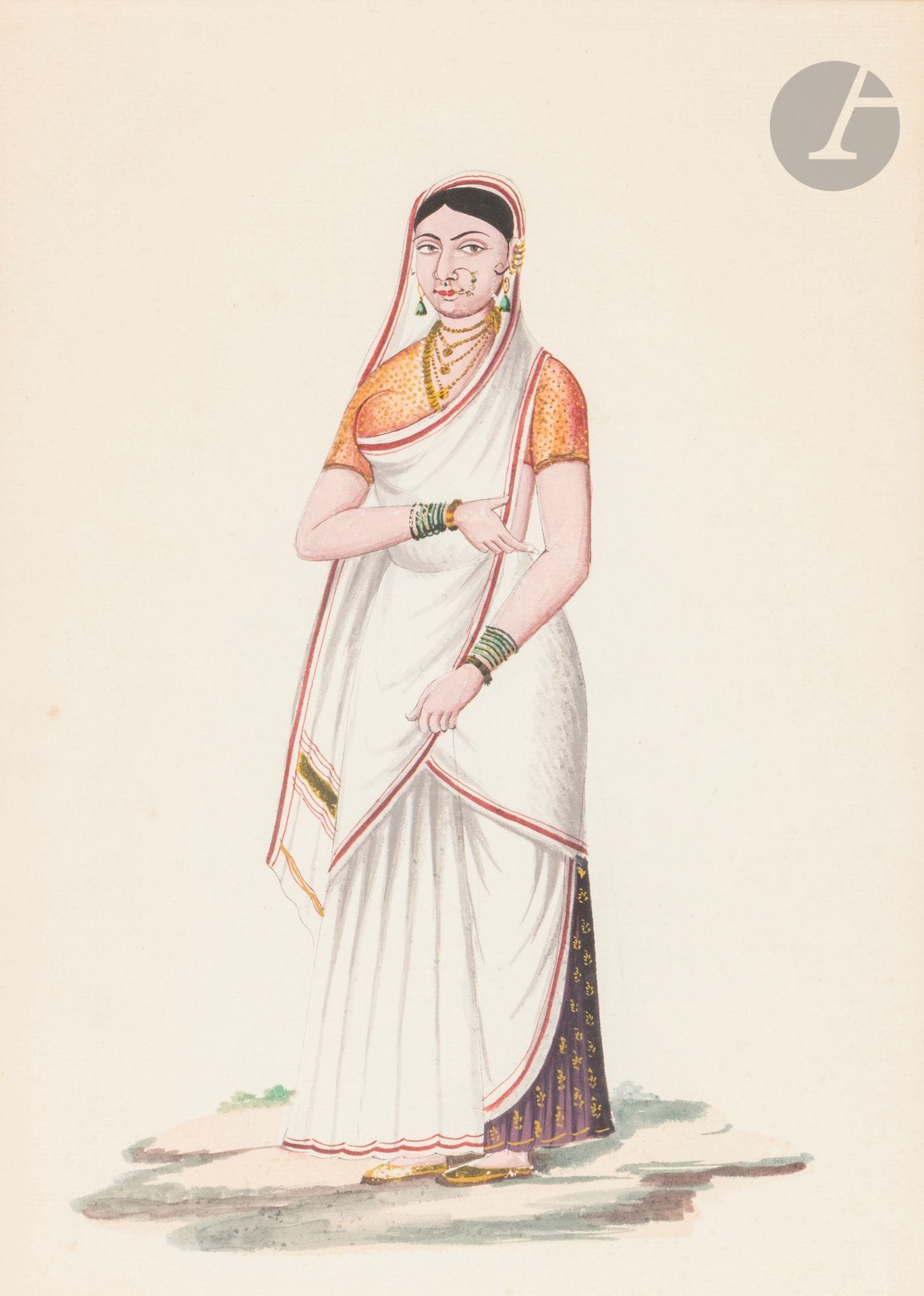 Two portraits of a man and a woman, Southeast India, Tamil Nadu, possibly Pondicherry, Company School, late 19th century
Gouaches on watermarked paper, each representing a portrait. The first, a full-length portrait of a man dressed in a long white jama, wearing a matching turban and holding a cane in his left hand. Portrait captioned in French at the bottom in black ink "Interprète, Caste Cavaré" and numbered n°86 at the top. The second, a full-length portrait of a woman, richly adorned and wearing colorful clothes wrapped in a white sari with red braid.
39 x 28 and 39 x 25 cm
Some foxing, traces of passe-partout and slight edge tears, mounted on cardboard.

These two portraits, one of which is captioned in French, may fall into the category of so-called "Company Paintings", i.e. works executed by Indian artists for Europeans living in India. In this case, the language of the legend points us in the direction of French India, a path supported by the designation of the Cavaré caste, which was well represented in Pondicherry, the capital of this region of India occupied by France from the end of the 17th century to the middle of the 20th century. Moreover, the interpreter function attributed to this man is a concrete testimony to the cohabitation of Indians and French in the 19th century.

Two Portraits, South-East India, Tamil Nadu, perhaps Pondichery, Company School, late 19th century