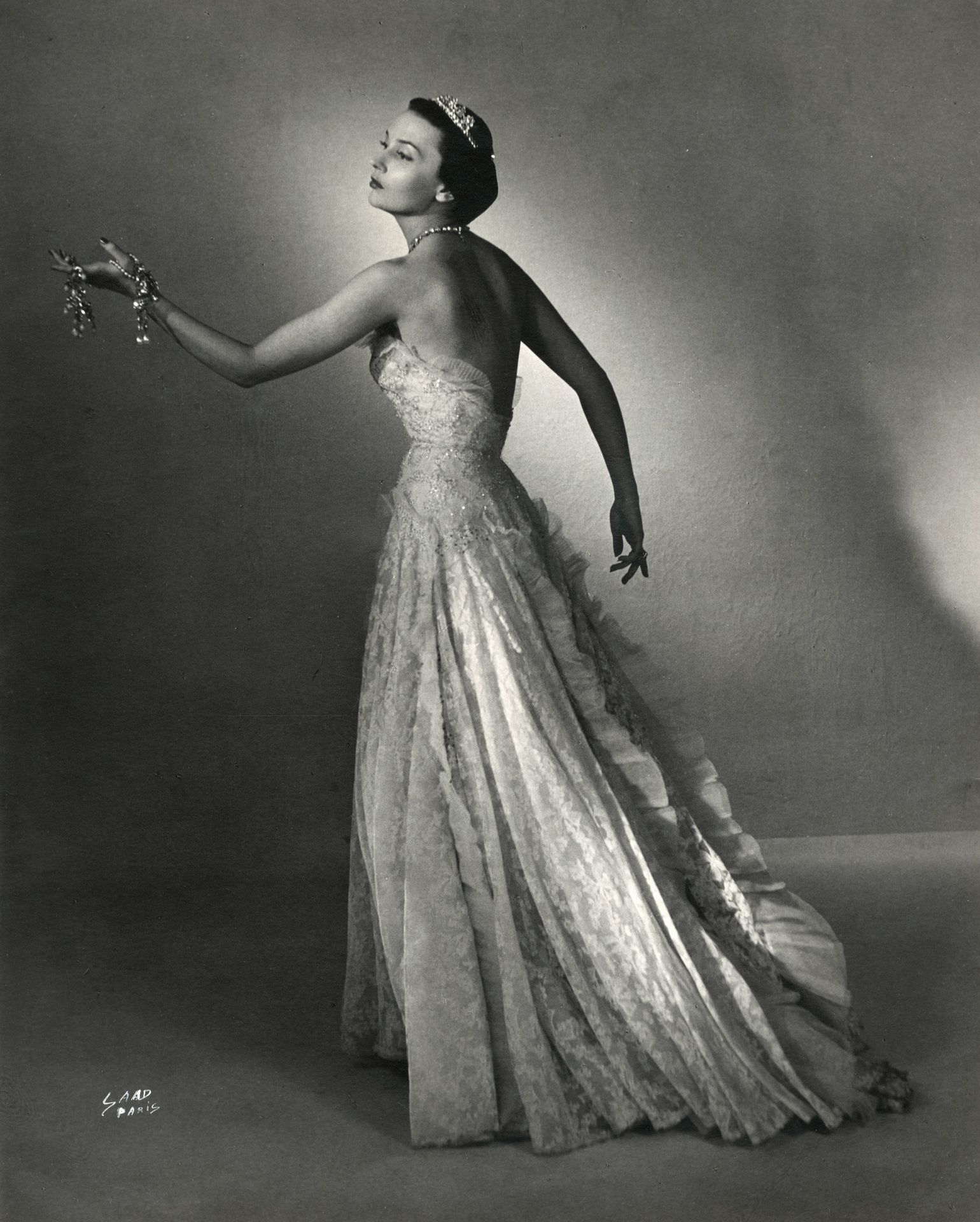 Georges Saad
Ludmila Tcherina, c. 1945.
Vintage silver print, signed in white ink lower left. Handwritten annotations and stamp "Georges Saad - Photographies" on verso.
31.3 x 24.5 cm