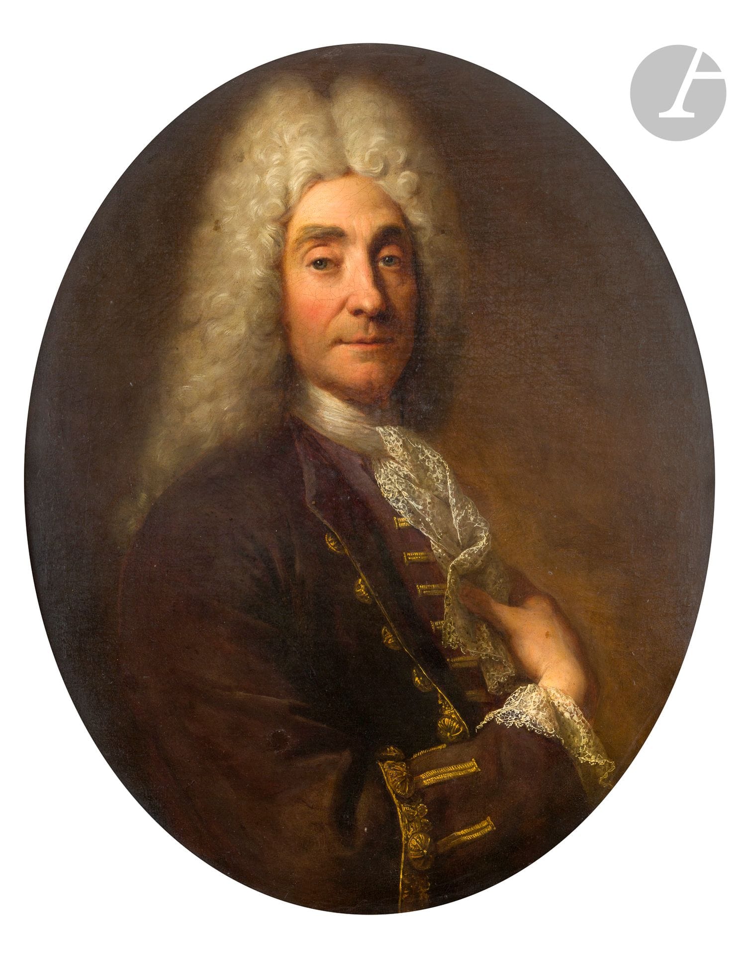 André BOUYS (Hyères 1656 - Paris 1740) 
Portrait d’homme en veste brune à galon brodé 
Toile ovale 
81x65cm