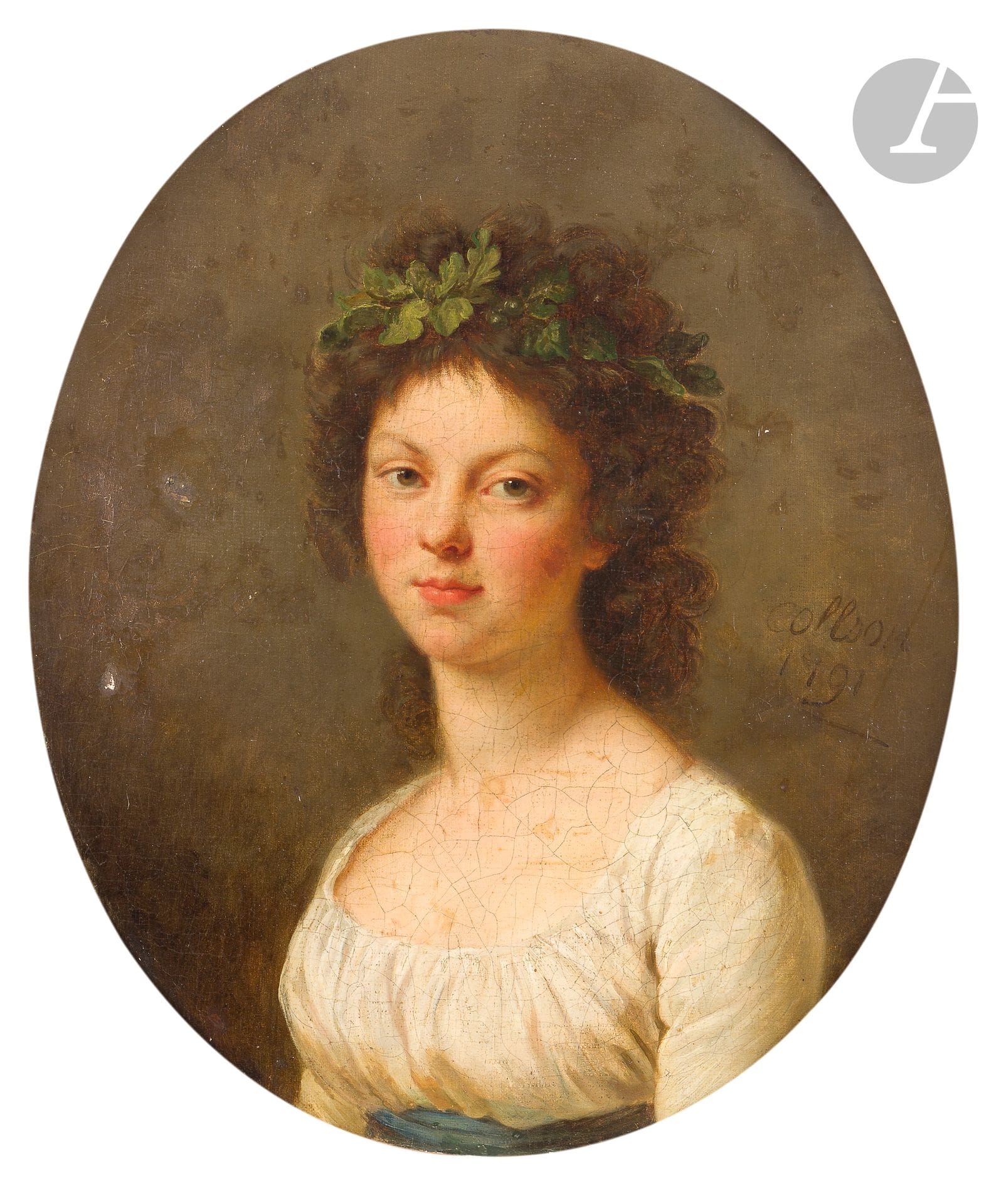 Jean-François COLSON (Dijon, 1733 - Paris, 1803)
Portrait de jeune fille, avec une couronne de pampres dans les cheveux 
Toile ovale 
Signée et datée à droite «Collson/1791» (signature rehaussée)
54x45cm
(Restaurations anciennes)