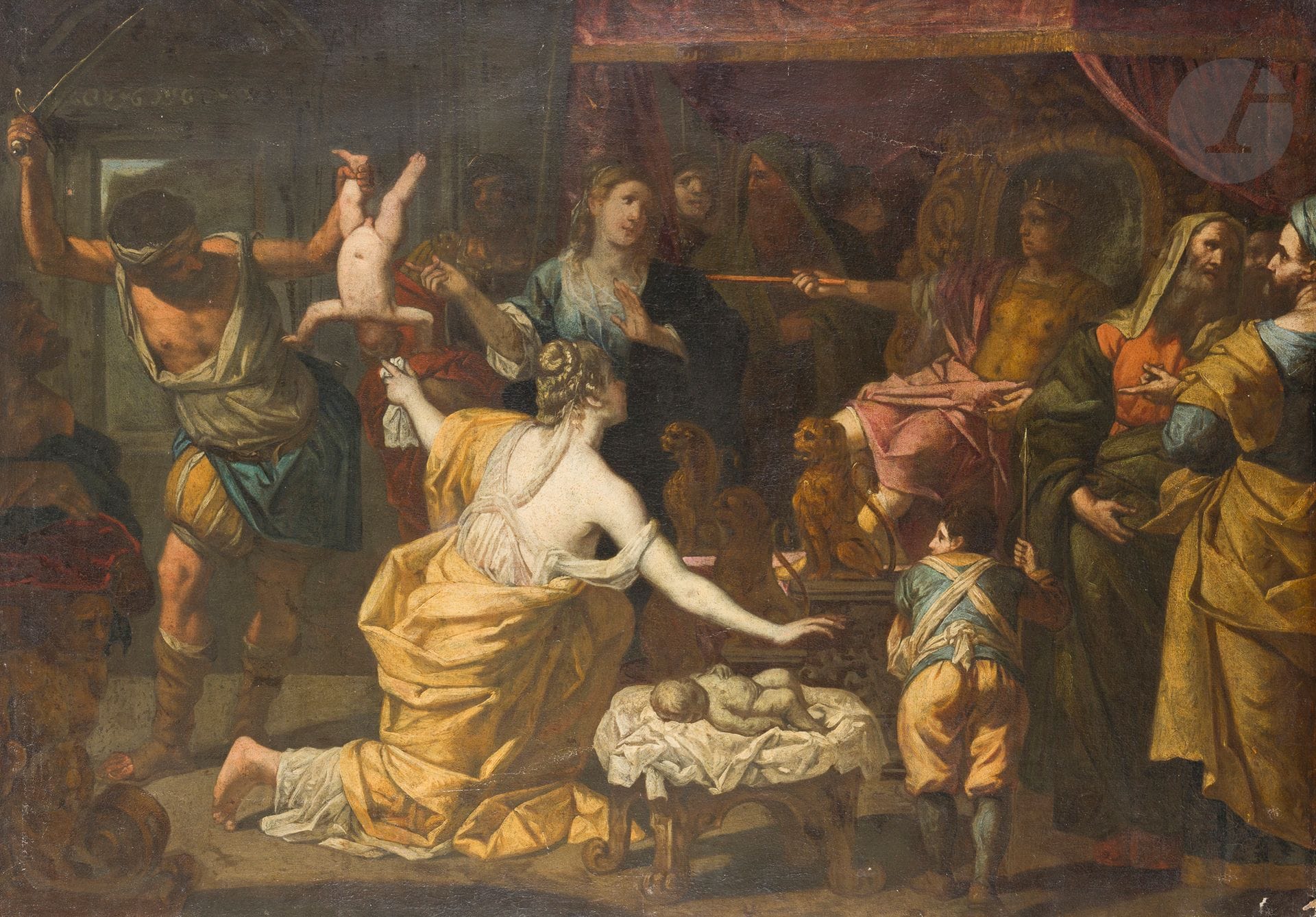 École flamande du XVIIe siècle
Le Jugement de Salomon
Toile
94,5x134,5cm
(Restaurations anciennes)
