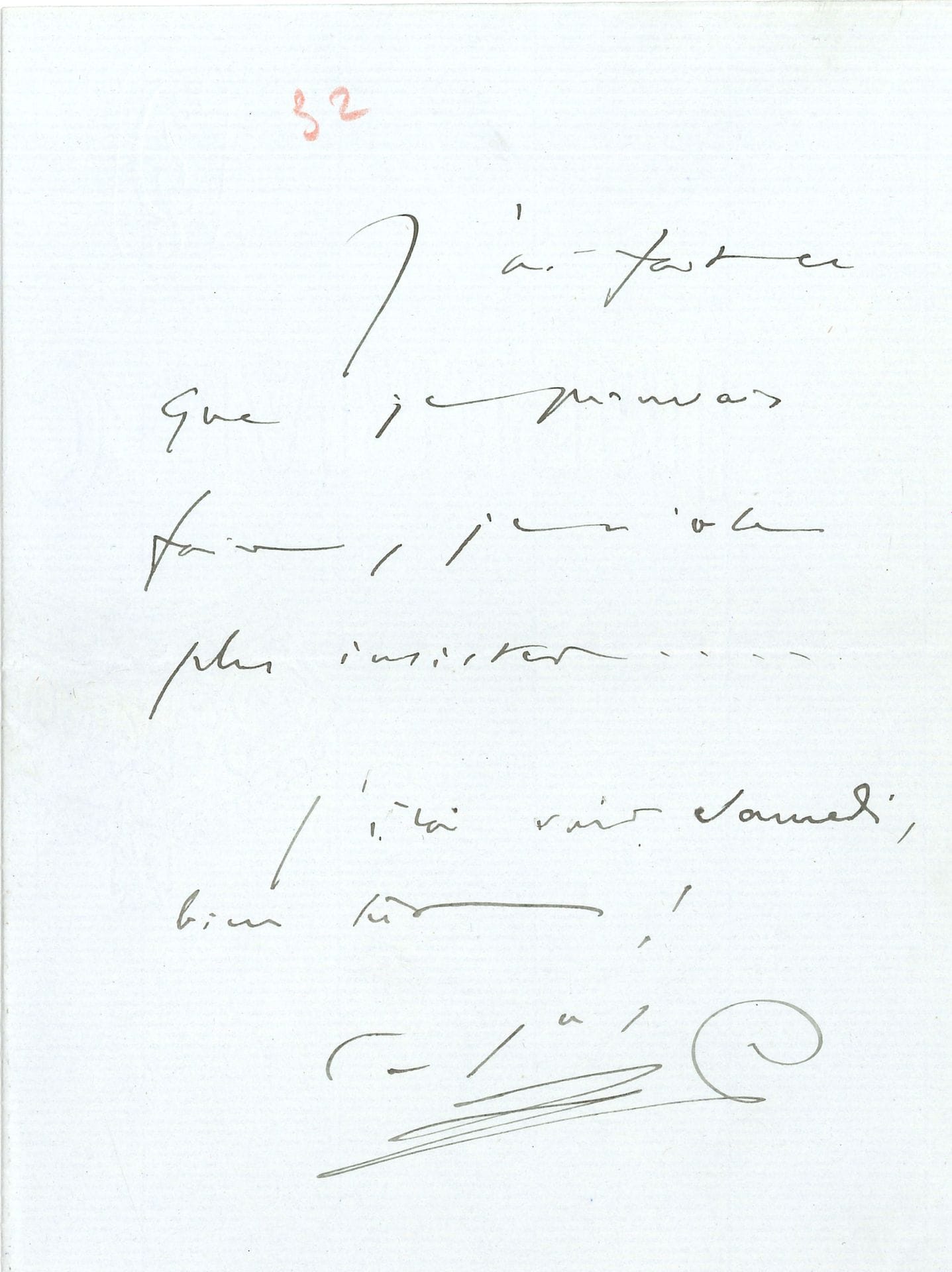 Camille SAINT-SAËNS (1835-1921). L.A.S., [to painter Paul Steck]; 1page in-8 with his monogram in relief.
"I have done what I can do, I dare not insist any longer... I will go and see on Saturday"...