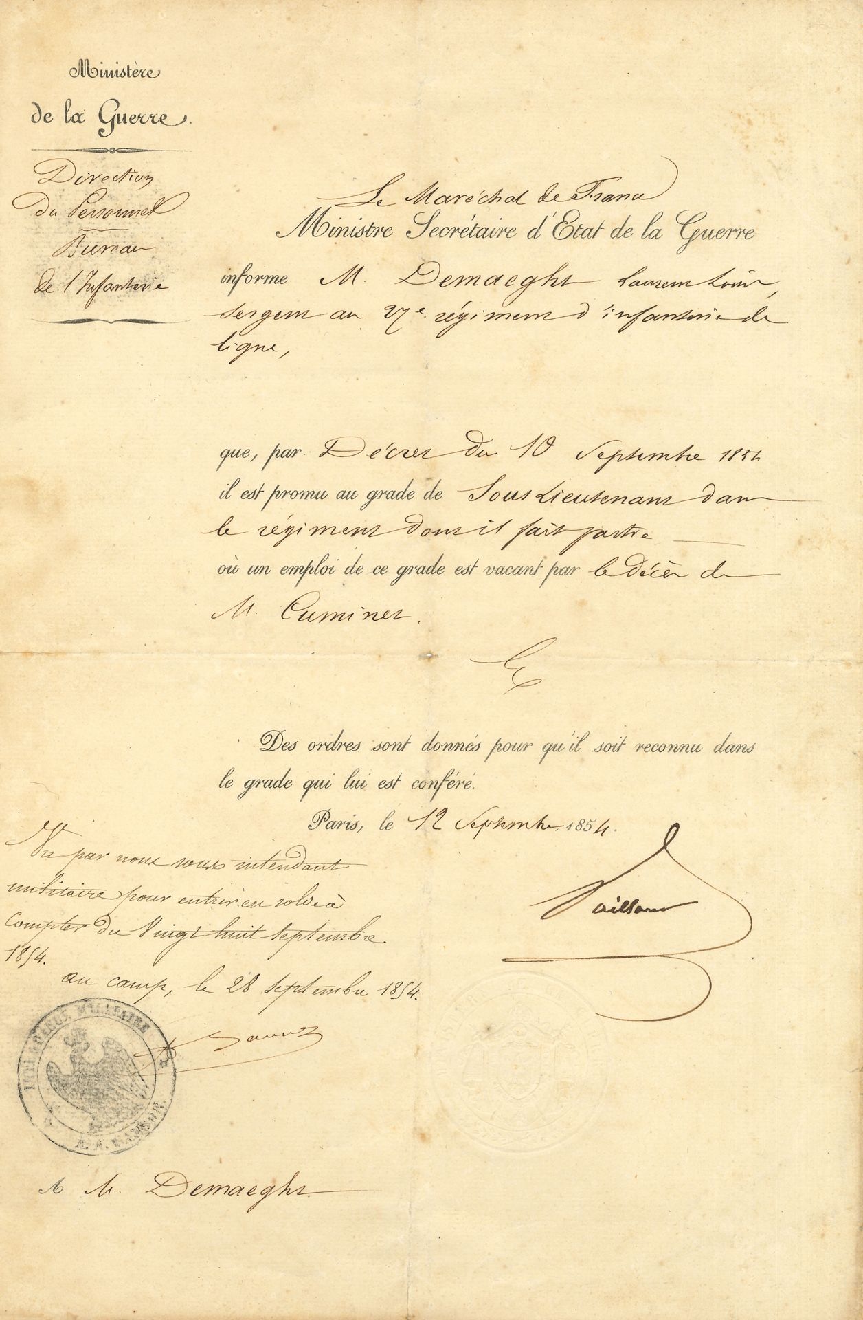 [Louis DEMAËGHT (1831-1898) officer and archaeologist, founder of the Musée d'Oran]. 29 letters or documents addressed to him or concerning him, 1854-1888; mostly in-4 or in-fol. with numerous headings.
Appointments, certificates and letters of service on his military career, mainly in Algeria, and his decorations; signatures of marshals: Pélissier duc de Malakoff (4), Randon (2), Vaillant, generals: du Barail, Castelnau, Détrie, Martimprey, Valensi, and ministers (J. Cambon, for the decoration of Nichan Iftikhar)... A letter from J. Castagnary concerns the state of abandonment of antiquities in the Oran region (1888). A letter from A. Mouliéras, of the Musée d'Oran, thanks the widow Demaëght for her donation (1901). Plus various attached docs, including an ancient map of Mauretania and Numidia.