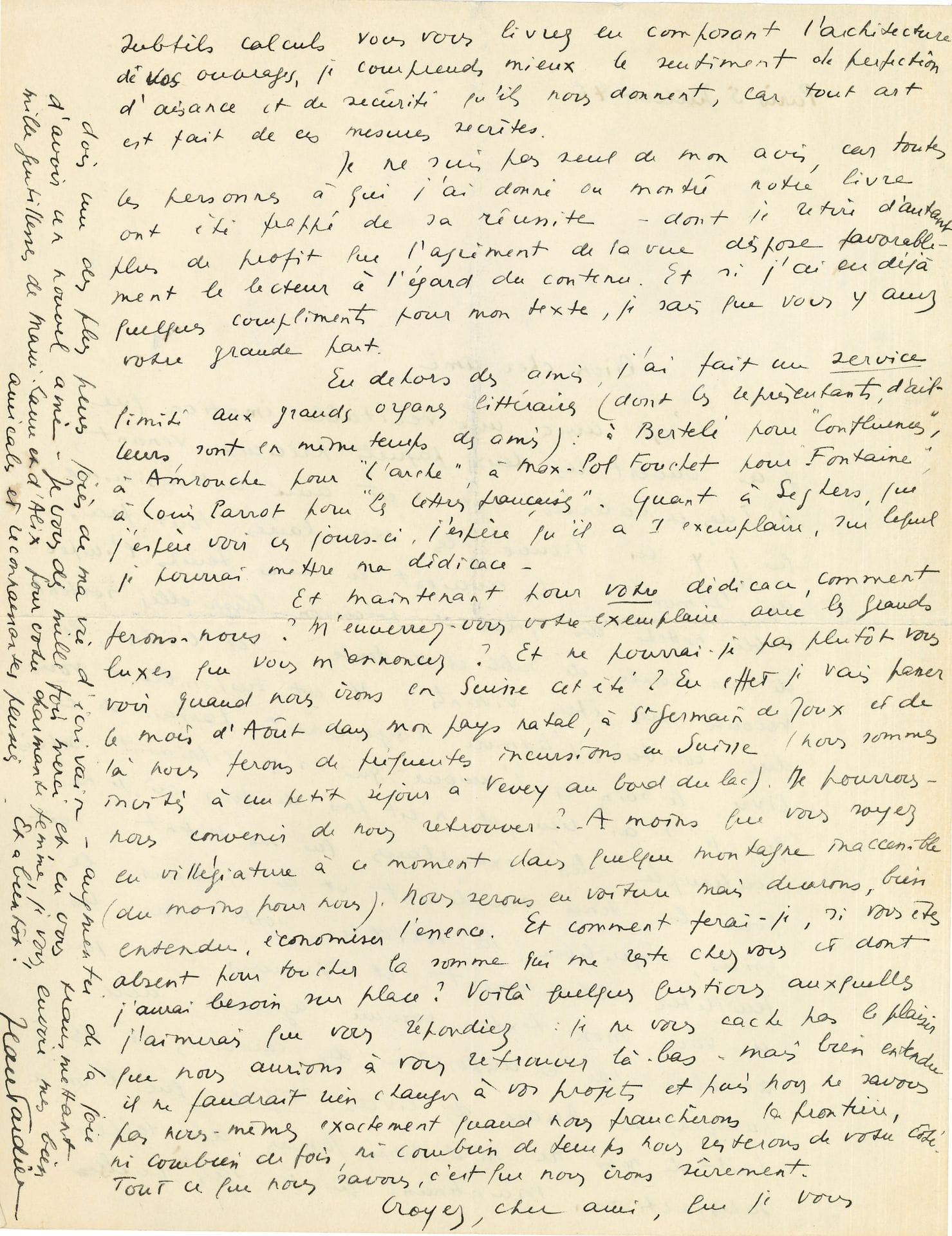 Jean TARDIEU (1903-1995). 13 L.A.S., 1945-1953, à Richard Heyd à Neuchatel; 28pages in-8 ou in-4, enveloppes.
Intéressante correspondance littéraire et amicale avec le directeur des éditions Ides et Calendes.
Paris 5 janvier 1946. Vœux de nouvel an pour la «première année de paix dans le monde? […] bouchons-nous les oreilles et, obstinément, songeons au “mieux” possible, même si la mode attache à l’optimisme le grelot du burlesque». Il a apporté à Éluard un manuscrit pour sa collection “L’Honneur des poètes” et lui a fait part de son désir «d’illustrer “notre” livre d’un dessin de Picasso. Éluard n’en ayant pas pour le moment, il lui a suggéré de contacter le peintre directement, mais Tardieu ne le connait pas… Quelles seraient les conditions à proposer à l’illustrateur? Tardieu aimerait aussi connaitre les conditions que lui fait Heyd pour Le Démon de l’irréalité, «déduction faite de l’avance de 500 francs suisses», en précisant «que vos droits de reproduction se limitent à la présente édition de demi-luxe et que je suis libre, par ailleurs, de disposer du texte». Il cherche une maison d’édition pour un conte pour enfant qui pourrait faire un album. Il en a promis un autre à Gallimard, «une Table de Multiplication en 10 petites histoires rimées»… – 5 juillet. Il remercie avec émotion de l’envoi des «exemplaires tout frais du Démon: ils avaient en même temps l’impeccable netteté des pièces de précision lorsqu’elles sortent de leur moule de sable et de fonte – et l’éclat, le velouté des êtres vivants, le soin et l’amour qui s’y expriment». Jamais un de ses ouvrages ne lui a apporté une telle satisfaction; il loue la précision de l’architecture, la perfection et la réussite de ce travail de composition… Pour le service de presse, il veut se limiter «aux grands organes littéraires», dont les représentants sont des amis: Bertelé pour Confluences, Amrouche pour L’Arche, Max-Pol Fouchet pour Fontaine, Louis Parrot pour Les Lettres françaises. Seghers a dû déjà recevoir un exemplaire, qu’il lui dédicacera… – 23 novembre. Il remercie Heyd pour son accueil lors de sa visite à Neuchâtel et pour son avance, somme qui lui a permis de remplacer ses vieux et tristes vêtements de l’Occupation par une tenue plus correcte, plus «gentleman». Il se réjouit surtout qu’Uhler [fondateur d’Ides et Calendes] et Heyd aient aimé les textes qu’il leur a apportés: il est très heureux de paraître, «dans cette belle, parfaite et noble architecture typographique». Ce goût de la perfection caractérise la Suisse, et il a reconnu dans leur travail «cet air de grandeur, de fidélité, de propreté morale et matérielle qui fait de l’“homo helveticus” une réussite moderne», etc. Éluard n’a pas de dessin de Picasso à proposer…
27 avril 1952. Il lui envoie «mon petit livre “Un mot pour un autre” second volet de mon diptyque “Humoreux” dont le premier était “Monsieur Monsieur”. Le démon du théâtre s’étant emparé de moi je viens de donner à Sylvain Dhomme une comédie, Les Amants du métro qui commencera cette semaine avec Les Chaises (une étonnante pièce de Ionesco)»… – 3 juin. «Il est rare d’allier à ce point – comme vous le faites si chaleureusement – l’amitié et la compréhension.» Il est content qu’il ait aimé ses «petits bouquins humoreux», malgré les bêtises qu’on a pu en dire!... Il revient bientôt à son «ancien métier de “poète sérieux”» avec son recueil Destination inconnue, à paraître à la NRF, et parle de ses nombreux projets… – 7 octobre, à propos d’un projet de poésies illustrées par Picasso, avec Guillevic, Paul Éluard et André Frénaud qui vont envoyer leur accord par lettre. Mais faut-il aussi l’accord de Picasso? Tardieu précise qu’il était allé l’été dernier à Vallauris remettre en mains propres au peintre «à titre d’hommage, mes poèmes que j’avais “manuscriptés” avec soin». Il a de plus modifié son recueil Destination inconnue en en retirant les «poèmes-Picasso» et Les Dieux inutiles: «vous aurez ainsi la garantie d’exclusivité de ces textes». Il envoie La Première personne «qui vient de sortir et qui clôt – sur la note sombre – mon “triptyque” jaune-vert-violet»…
1er juin 1953. «Je comprends très bien tes scrupules et tes hésitations, au sujet de notre projet de livre»; il prie de lui confirmer «que tu me rends ma liberté pour la recherche d’un éditeur susceptible de publier mes poèmes avec les dessins de Picasso», et de lui renvoyer les trois lettres de désistement des poètes Éluard, Guillevic et Frénaud… Etc.
On joint une carte de visite autographe sous enveloppe, au même.