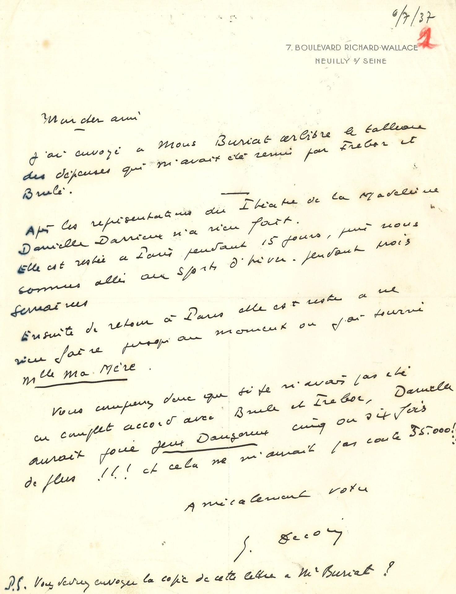 Henry DECOIN (1890-1969) cinéaste. 4 L.A.S. et 5 L.S., Neuilly-sur-Seine mars-juillet 1937, à Me Lévy-Oulman; 3 pages et demie in-4 autographes et 4 pages et demie in-4 dactyl.
Contentieux avec le Théâtre de la Madeleine, qui avait monté sa pièce Jeux dangereux. 26 mars: «il me semble que le seul arbitrage consisterait à ce que MM. Trébor et Brûlé me règlent la somme qu’ils me doivent»… 8 avril: «refuser tout arbitrage et continuer le procès»… 19 avril, contestant les comptes produits par le théâtre. 23 avril. «Puisqu’il n’y a rien à faire pour que les 35.000 Frs. qui m’ont été escroqués par Trébor et Brûlé me soient rendus par les voies de la Justice, je vous demande d’accepter l’arbitrage»… 5 mai. Il part pour Monte-Carlo tourner les extérieurs de son film, et regrette de n’avoir pu libérer Danielle Darrieux: «Mais le travail au studio est une chose très difficile, et comme j’avais du retard […] les producteurs faisaient la g….»… 30 mai. Il tourne aux studios Pathé-Natan «de 10 h du matin à 8 h du soir»… 12 juin. «Je ne devais donner que 30 représentations et j’en ai donné 65 pour être agréables à ces deux gangsters. MAIS Danielle Darrieus n’était pas obligée de jouer au-delà de ses 30 jours»… 6 juillet. Entre les représentations à la Madeleine et le tournage de Mademoiselle ma mère, Danielle Darrieux n’a rien fait. «Vous comprenez donc que si je n’avais pas été en complet accord avec Brulé et Trébor, Danielle aurait joué Jeux dangereux cinq ou six fois de plus!!! et cela ne m’aurait pas coûté 35.000!!!»… 
On joint la lettre-contrat signée par André Brulé et Robert Trébor, pour la représentation au Théâtre de la Madeleine de Jeux dangereux de Decoin, 17 décembre 1936.
