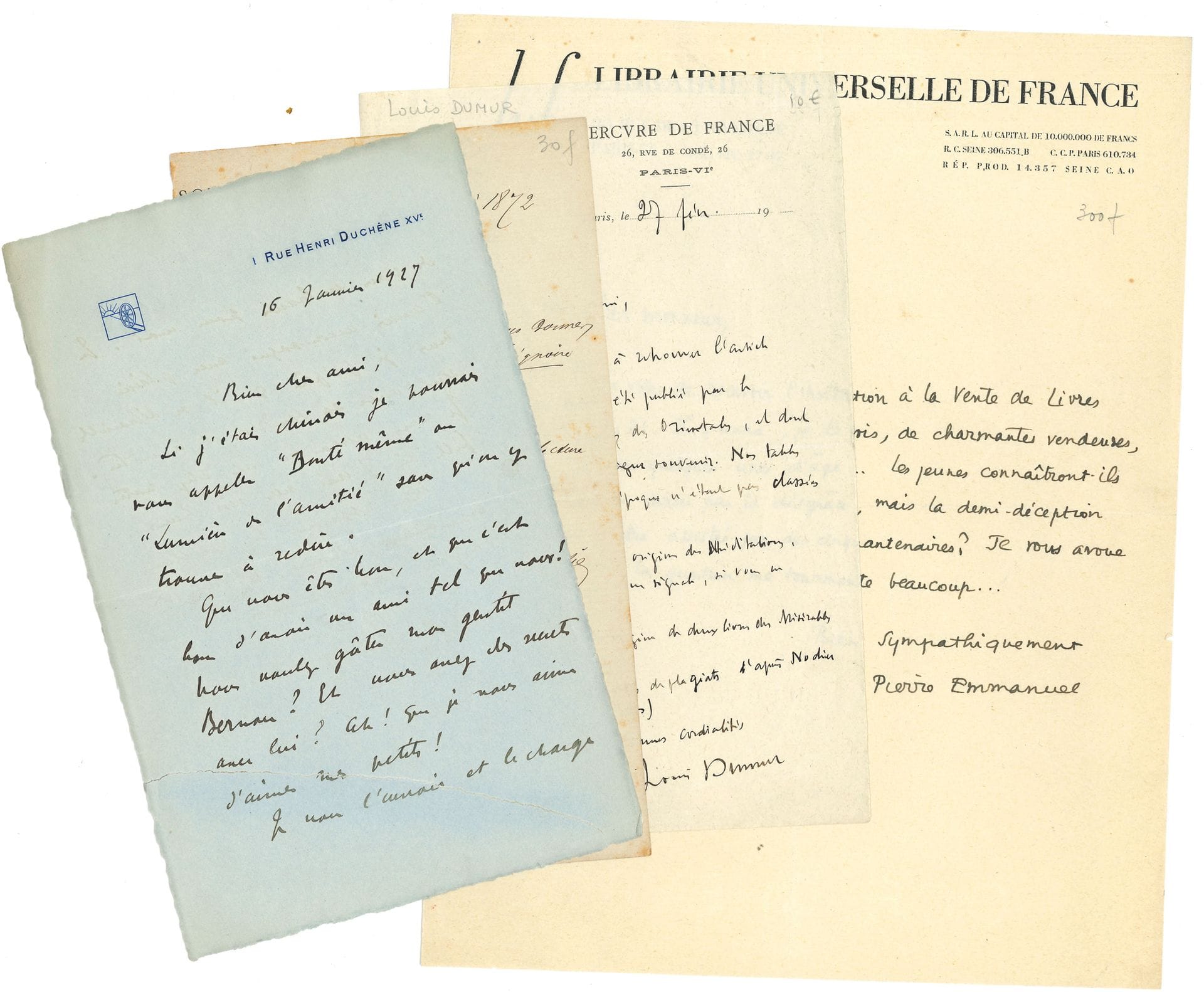 LITTÉRATURE. 42 L.A.S. ou pièces.
Gaston Chérau, Jules Claretie, Maurice Donnay (à H. Duvernois), Auguste Dorchain, Louis Dumur, Pierre Emmanuel, Luc Estang, Claude Farrère (5 à Chrysa), Maurice Fombeure, André de Fouquières (3 à G. Maurevert), Léon Gozlan, Pierre Frondaie, Félix Galipaux, Edmond Haraucourt (7 à Delavaud), Léo Larguier, Félicité de Lamennais (à E. Finet, 1848), Maurice Larrouy, Guy Lavaud (2), Henri Lavedan (à Mad. Lemaire), Georges Lecomte (dédicace), Camille Mauclair, Pierre Mille (2), Charles Monselet, Édouard Pailleron, Georges de Porto-Riche, André Rouveyre, Saint-Georges de Bouhélier, Albert Wolff.
On joint un tapuscrit d’extraits du Journal d’Amiel.