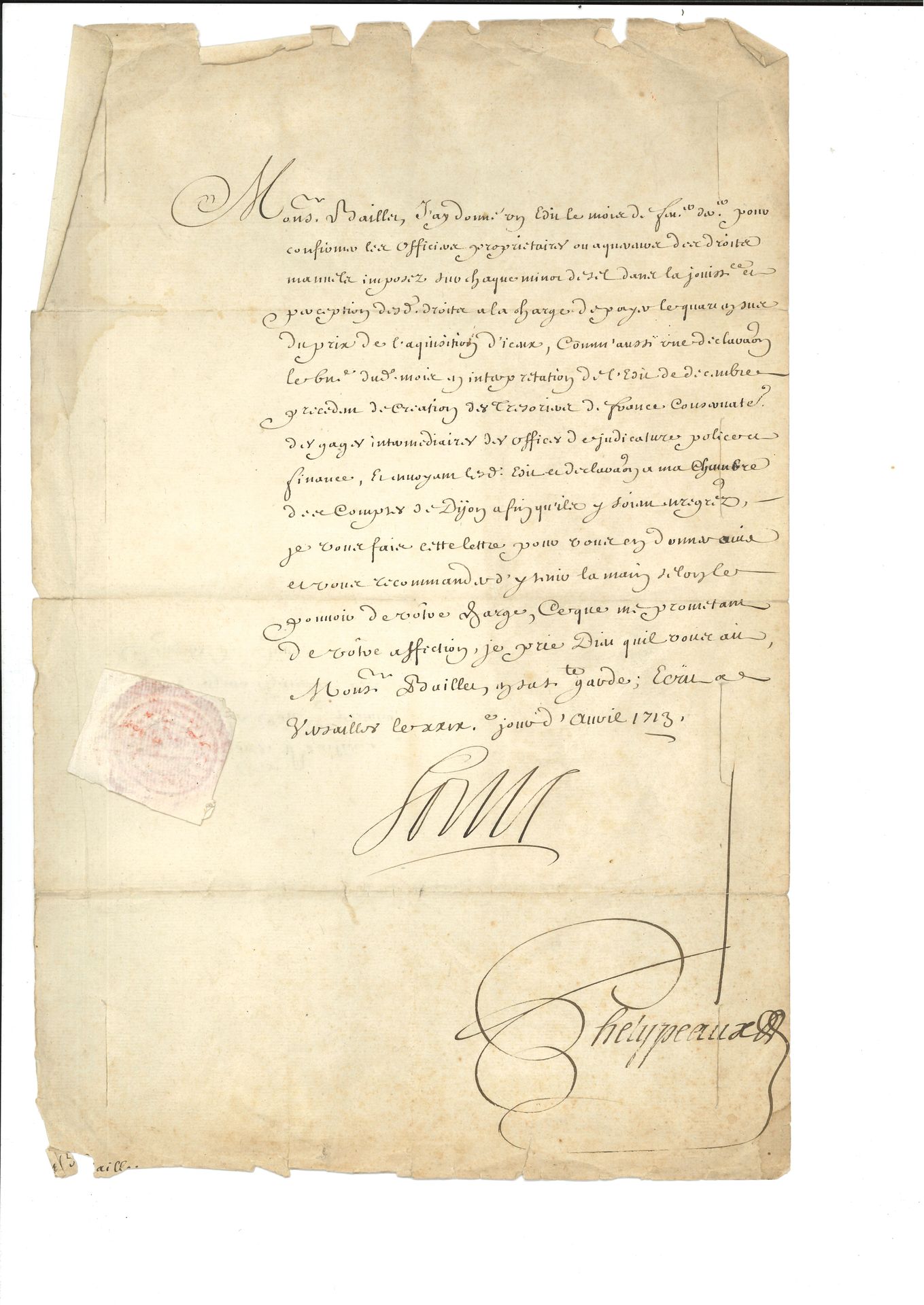 LOUIS XIV (1638-1715). 2 L.S. (secrétaire), 1703-1713; la 1ère contresignée par Chamillart, la 2e par Phelypeaux; 2pages in-fol. avec adresse (lég. fentes aux plis, découp. au f. d’adresse, cachet de la coll. Colbert de Beaulieu), et 1page in-fol. avec sceau aux armes sous papier et adresse (bords un peu effrangés).
Fontainebleau 2 octobre 1703, à M. de Talvennes, commandant à Menin; faisant le récit détaillé de la bataille d’Hochstaedt, et ordonnant un Te Deum et des réjouissance publiques… – Versailles 29 avril 1713, à M. Baillet, de la chambre des comptes de Dijon, concernant les droits imposés sur le sel.