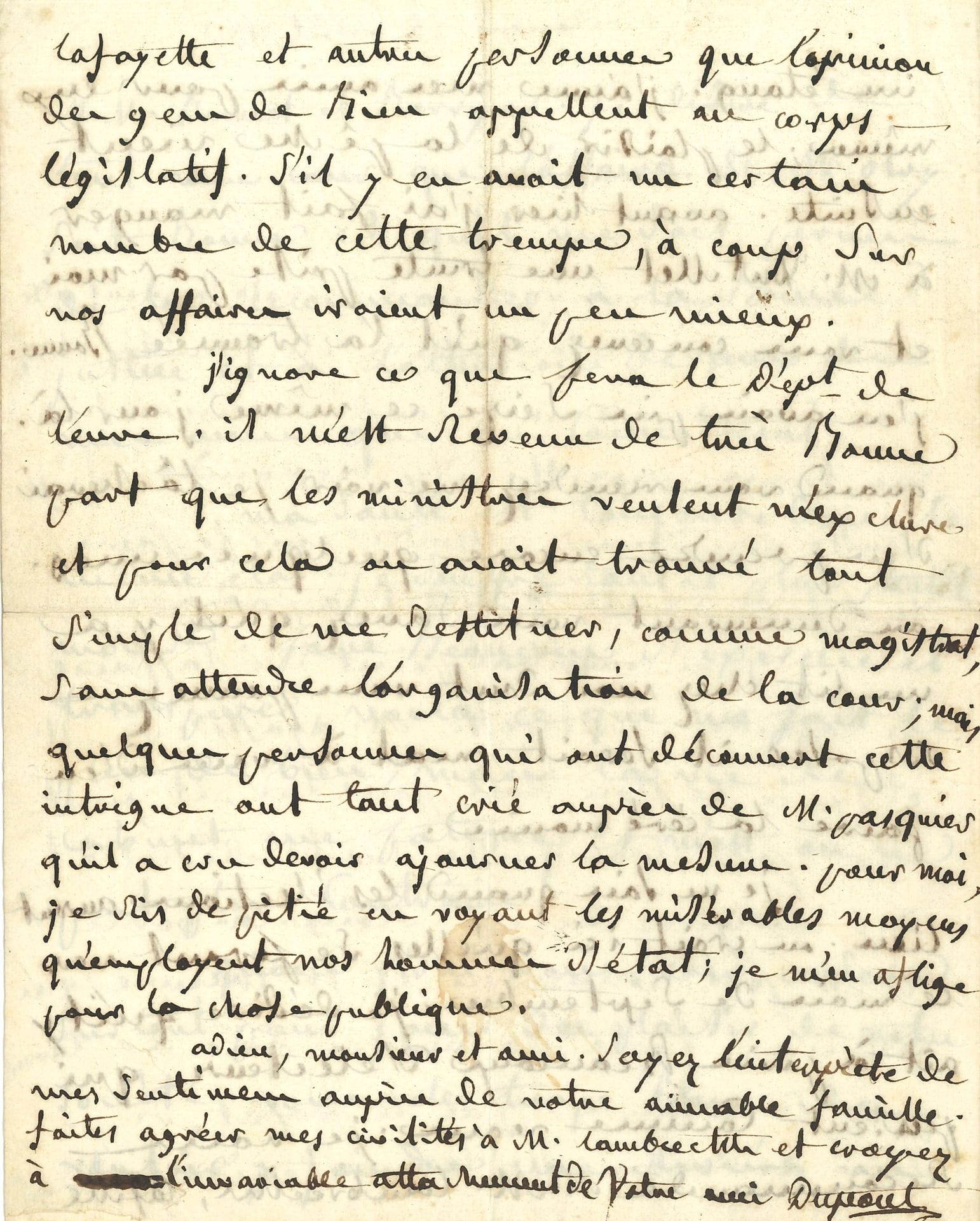 Jacques-Charles DUPONT de l'Eure (1767-1855) politician, President of the Provisional Government in 1848. L.A.S., Rouen April 24, 1817, to a friend; 4pages in-4.
On the subject of a court case: "If Mr. Olry has the good law on his side, he can rest easy about the outcome of Mr. Roux-Laborie's intrigues"... As for himself, he likes to enjoy his friends, and the pleasure of fishing. He talks about the forthcoming elections; the ministers want to exclude him from the department of Eure, and are considering removing him as a magistrate: "I laugh with pity at the miserable means employed by our statesmen; I feel sorry for the public thing"...