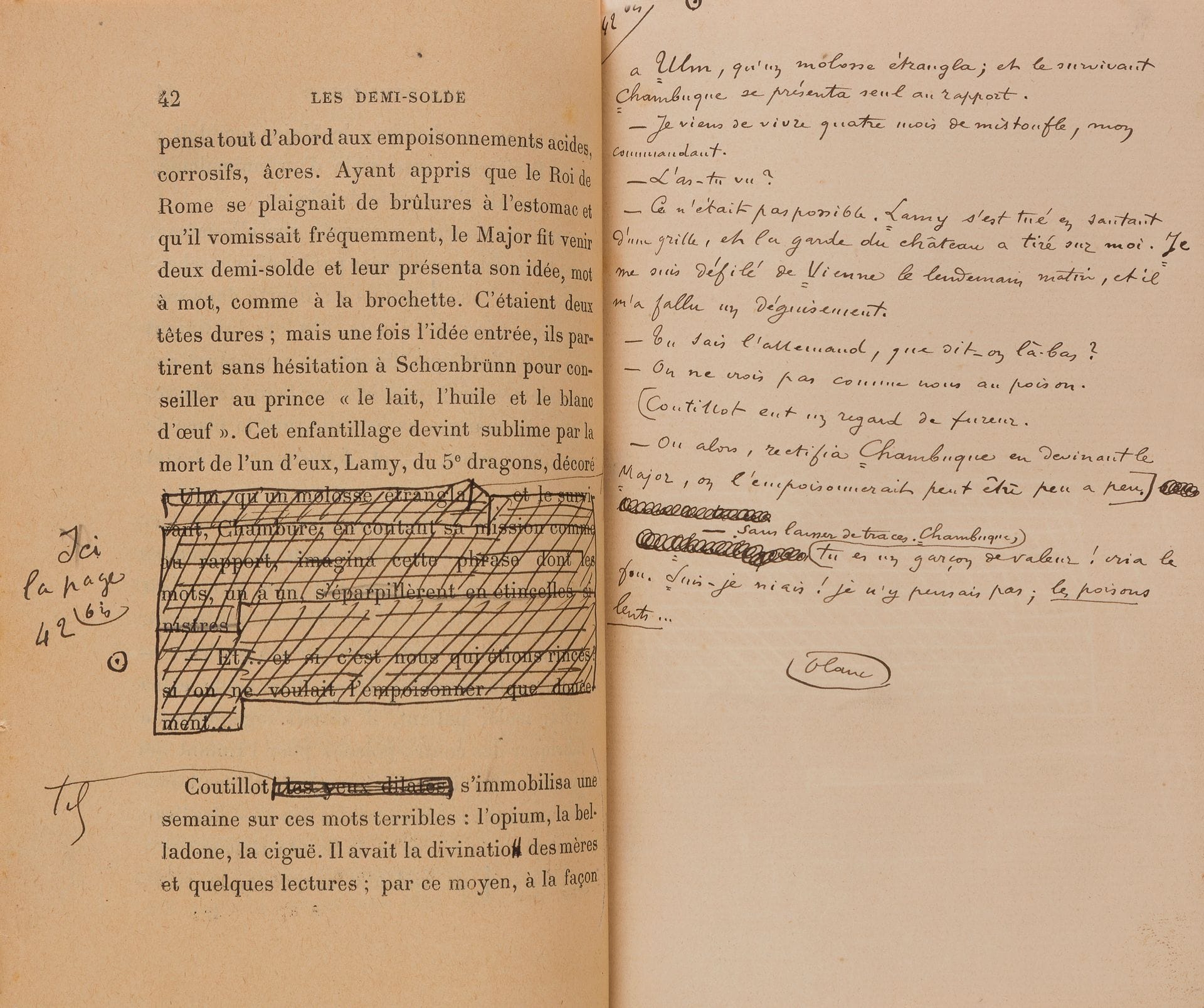 Georges d’ESPARBÈS (1863-1944). Épreuve corrigée, Les Demi-solde, 1898; in-8 de 321p., rel. maroquin havane, tête dorée, étui bordé.
Première épreuve complète de ce «roman épique» (ajout sur le titre), publiée par Flammarion en 1899, surchargée de corrections autographes, avec des additions autographes, dont une page entière, et la dédicace à ses fils, et la table des matières.
On joint un jeu de placards en 1ère épreuve avant corrections.