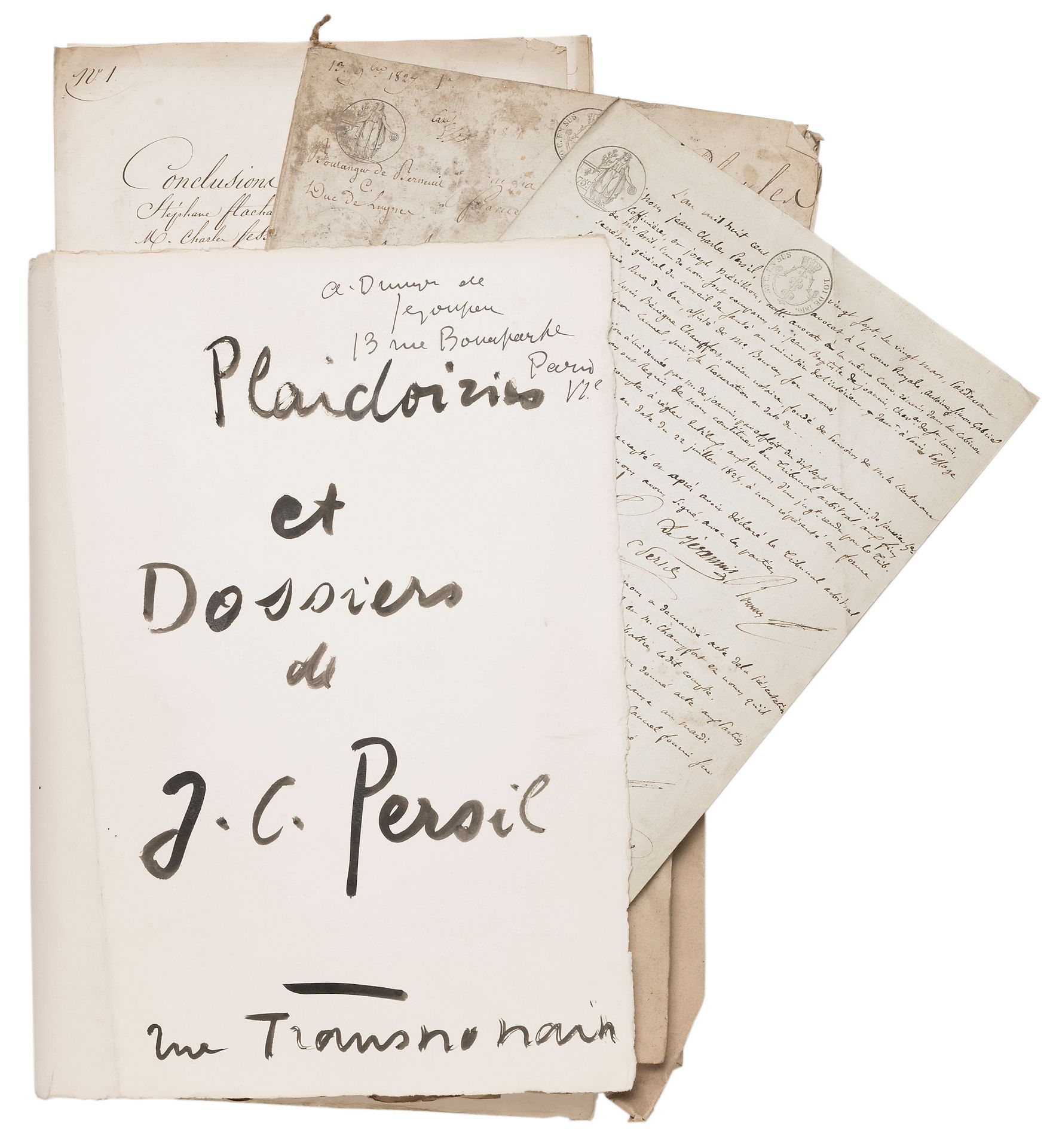 [Jean-Charles PERSIL (1785-1870) magistrate and politician]. Approximately 60 letters or documents (some wetness and defects).
Important archive.
On his activity as a lawyer: arbitration co-signed on several occasions by fellow lawyers between J.B. de Joannis and former notary Champfort (1827); reasoned conclusions, signed by Stéphane Flachat against Charles Fessart (1826); procedural memoranda: Boulanger de Berneuil against the Duc de Luynes (1827)...
Correspondence received as deputy of the Gers, 1833-1836, from Lectoure, Lombez, Condom, Agen..., some letters as Minister of Justice, with the statutes of the Banque foncière founded in Belgium.
Notes de plaidoiries (with attached doc.) concerning the case of Haussmann vs. Oudin, on the Soubise estate.
Accounts for his house on rue des Jeûneurs; lease and inventory of premises for house on rue de l'Université.
Copies of police investigations concerning the barricades on rue Transnonain (1834).
Provenance: archives of his descendant André Dunoyer de Segonzac (autograph folder signed: "Plaidoiries et dossiers de J.C. Persil - rue Transnonain"; duplicate correspondence with a cousin, l.a.s. and ms from Jean Adhémar).