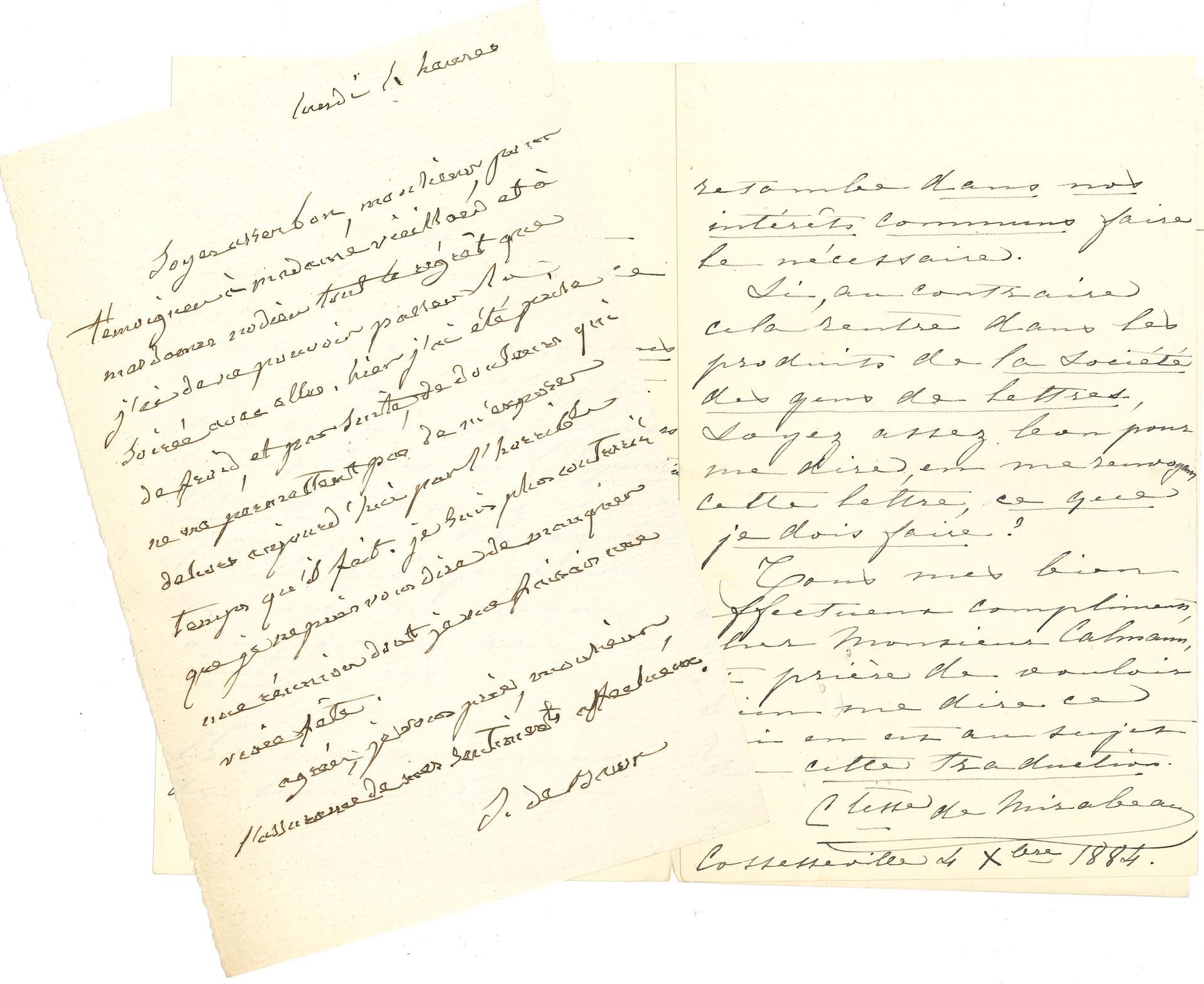 FEMMES DE LETTRES. Environ 50 lettres ou pièces, la plupart L.A.S.
Sophie de Bawr (2), Malvina Blanchecotte, Marie comtesse de Mirabeau (15 à Calmann-Lévy dont contrats, plus des doc. annexes), Anaïs Ségalas (2), Marie de Solms (26), Amable Tastu (2), Mélanie Waldor (3).