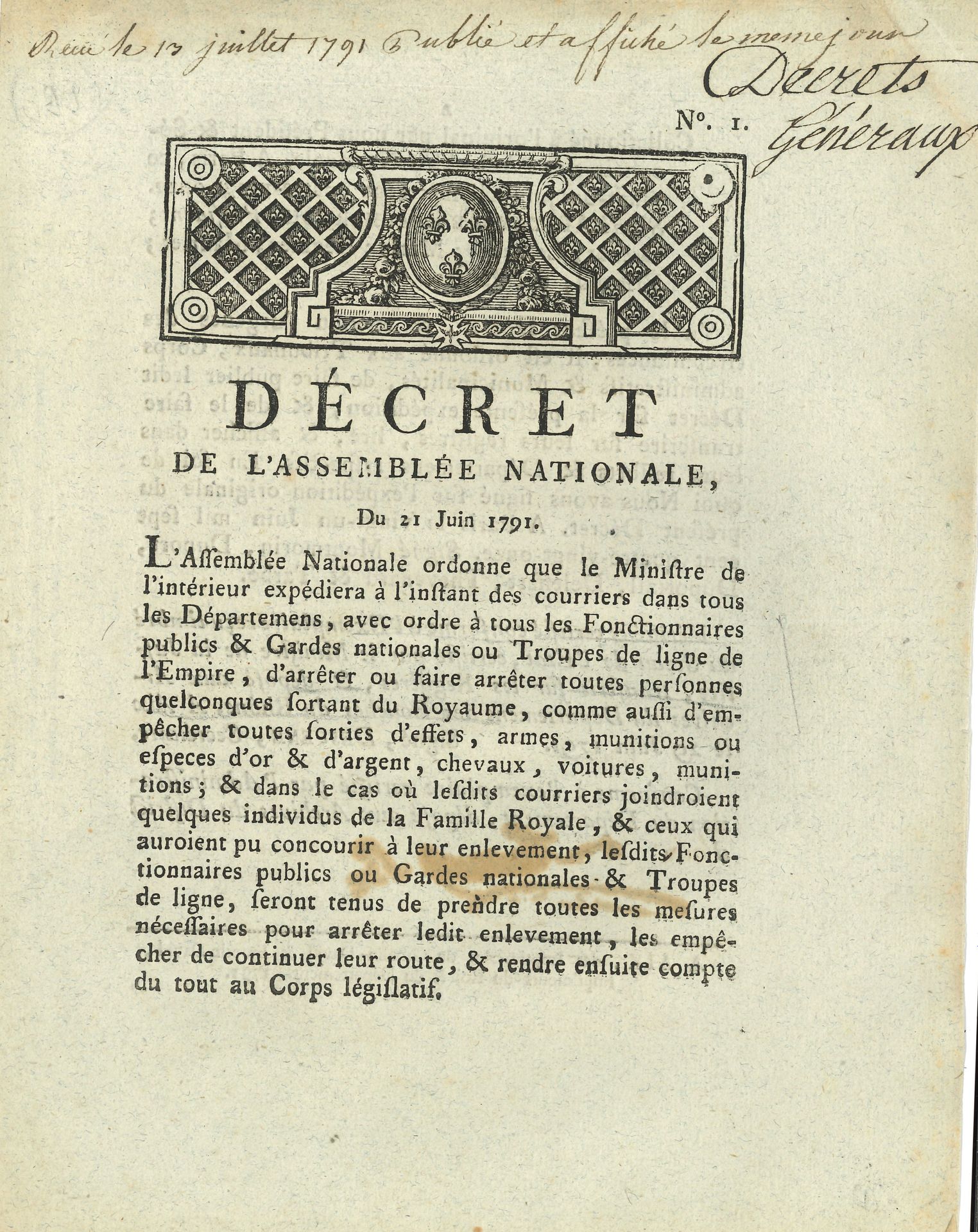 [LOUIS XVI (1754-1793)]. 24 imprimés et un manuscrit, 1791-1793; in-4, quelques bandeaux-vignettes.
Décrets et lois concernant la limitation des pouvoirs du Roi, les émigrés, la fuite du Roi et de la famille royale, son arrestation, la destitution de Bouillé et Dillon, la défense des frontières, le jugement des conspirateurs et des frères de feu Louis Capet…
Cahier manuscrit: Liste alphabétique du troisieme appelle nominal sur la peine de mort à infliger à Louis XVI.