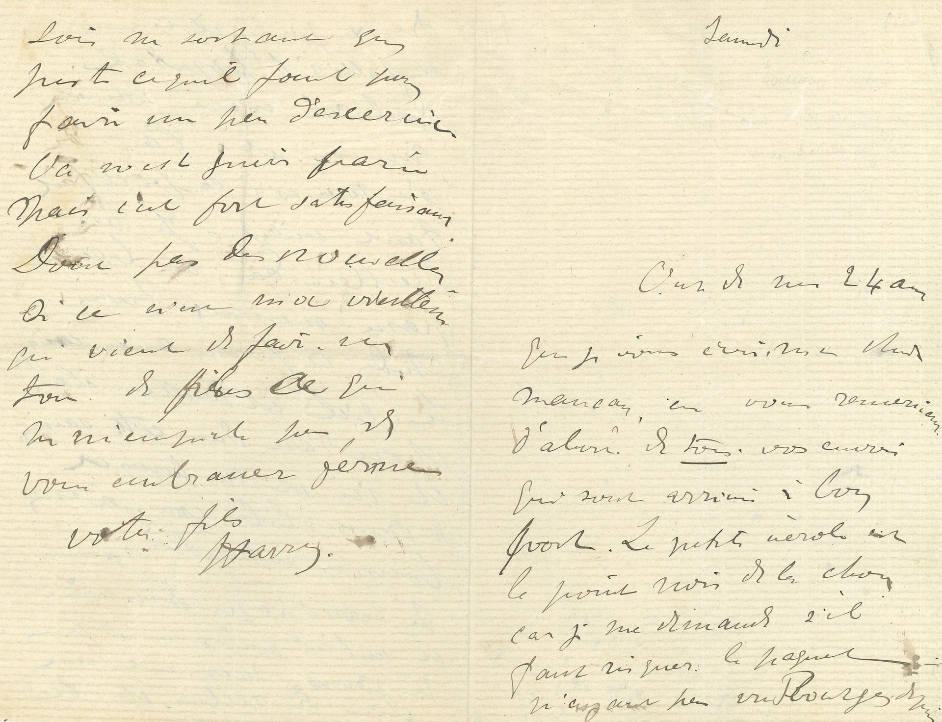 Henri de TOULOUSE-LAUTREC. L.A.S. «Harry», Samedi [24 novembre 1888], à sa mère, la comtesse Adèle-Zoé de Toulouse-Lautrec; 3pages in-8.
Jolie lettre à sa mère.
«C’est de mes 24 ans que je vous écris ma chère maman, en vous remerciant d’abord de tous vos envois qui sont arrivés à bon port. La petite vérole est le point noir de la chose car je me demande s’il faut risquer le paquet n’ayant pas vu Bourges depuis deux jours» [le docteur Henri Bourges, qui partage son logement]. «Gabriel vient souvent me voir et a l’air de s’intéresser à ce qu’il fait. Tant mieux. Je suis d’ailleurs dans une bonne passe, menant trois études de front, avec courage. Le ciel est d’ailleurs clair chose rare dans cette saison et ici, et me permet de donner libre cours à mes bonnes intentions. Je verrai papa demain et ne l’ai point, vu depuis qs. jours, menant une vie de reclus, et le soir ne sortant que juste ce qu’il faut pour faire un peu d’exercice»…