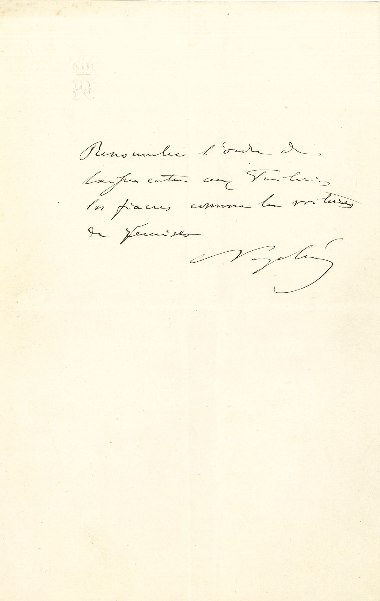 NAPOLEON III (1808-1873). P.A.S.; 1page in-8 with crowned N.
"Renewing the order to allow fiacres as well as carriages to enter the Tuileries".