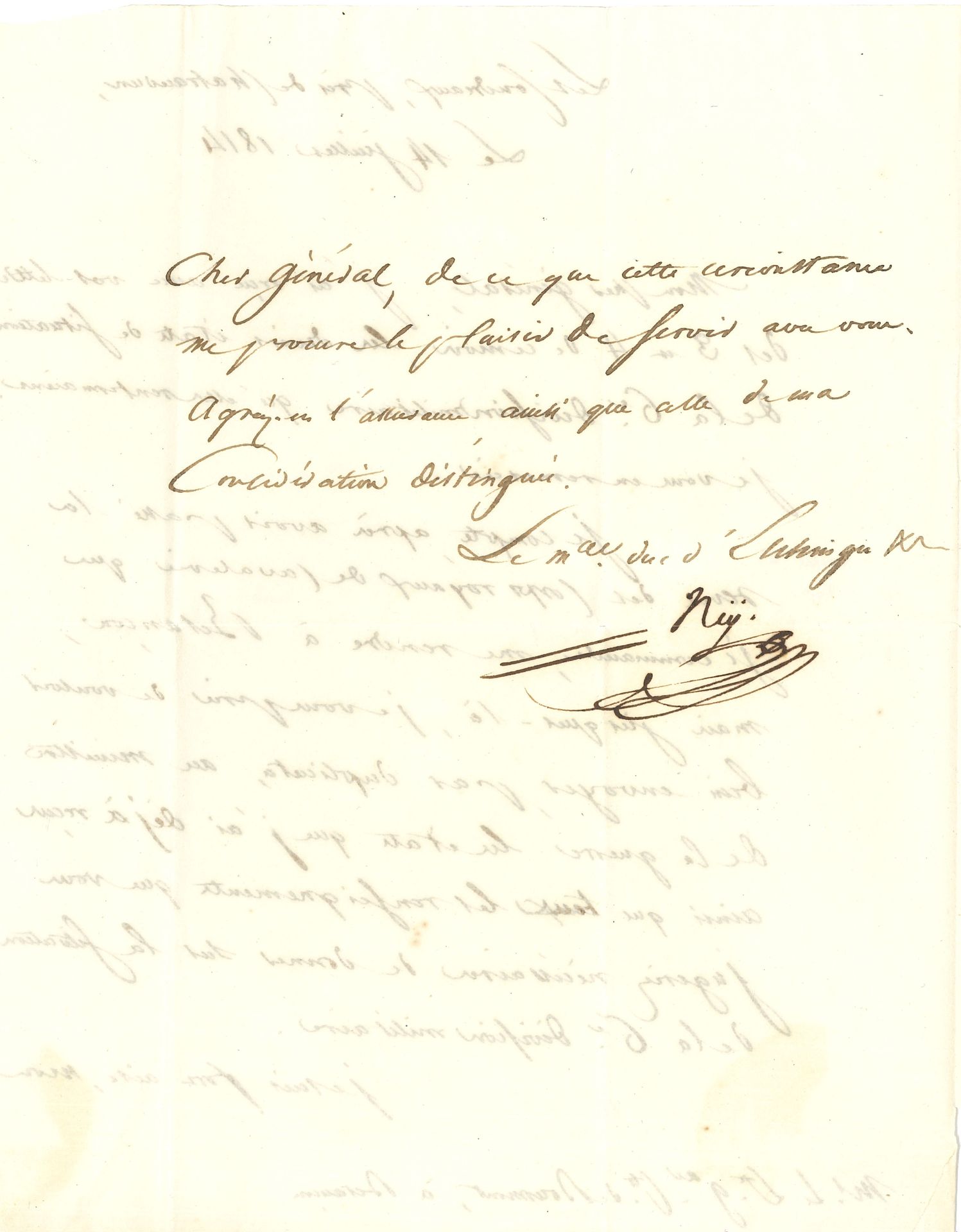 Michel NEY. L.S., Les Coudreaux près de Chateaudun 14 juillet 1814, au général comte de Bourmont à Besançon; 1page et demie in-4, adresse avec marque postale de Bonneval et contreseing ms Mal duc d’Elchingen, cachet de cire rouge brisé.
Il compte, «après avoir passé la revue des Corps royaux de Cavalerie que je commande, me rendre à Besançon»; il recommande, jusqu’à son retour, de bien envoyer au ministre de la Guerre les états et renseignements «sur la situation de la 6e division militaire. Je suis fort aise, mon cher général, de ce que cette circonstance me procure le plaisir de servir avec vous»…