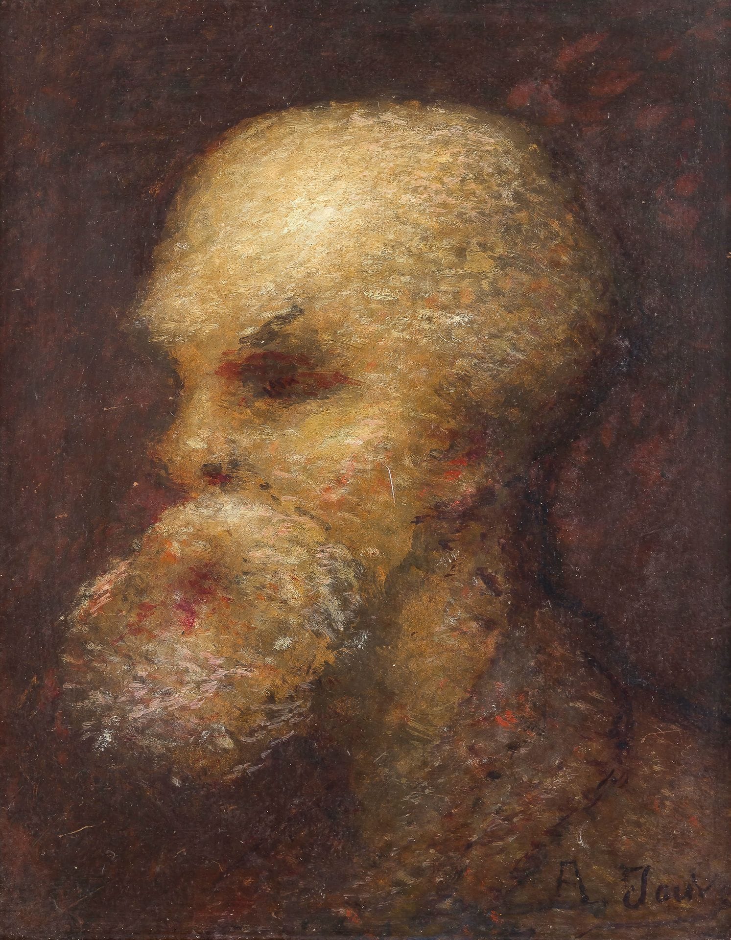 [Paul VERLAINE]. Auguste JOUVE (1846-c.1905). Portrait de Paul Verlaine; huile sur carton, signée en bas à droite, et titrée au dos; 30 x 24 cm
Portrait en buste de Verlaine.