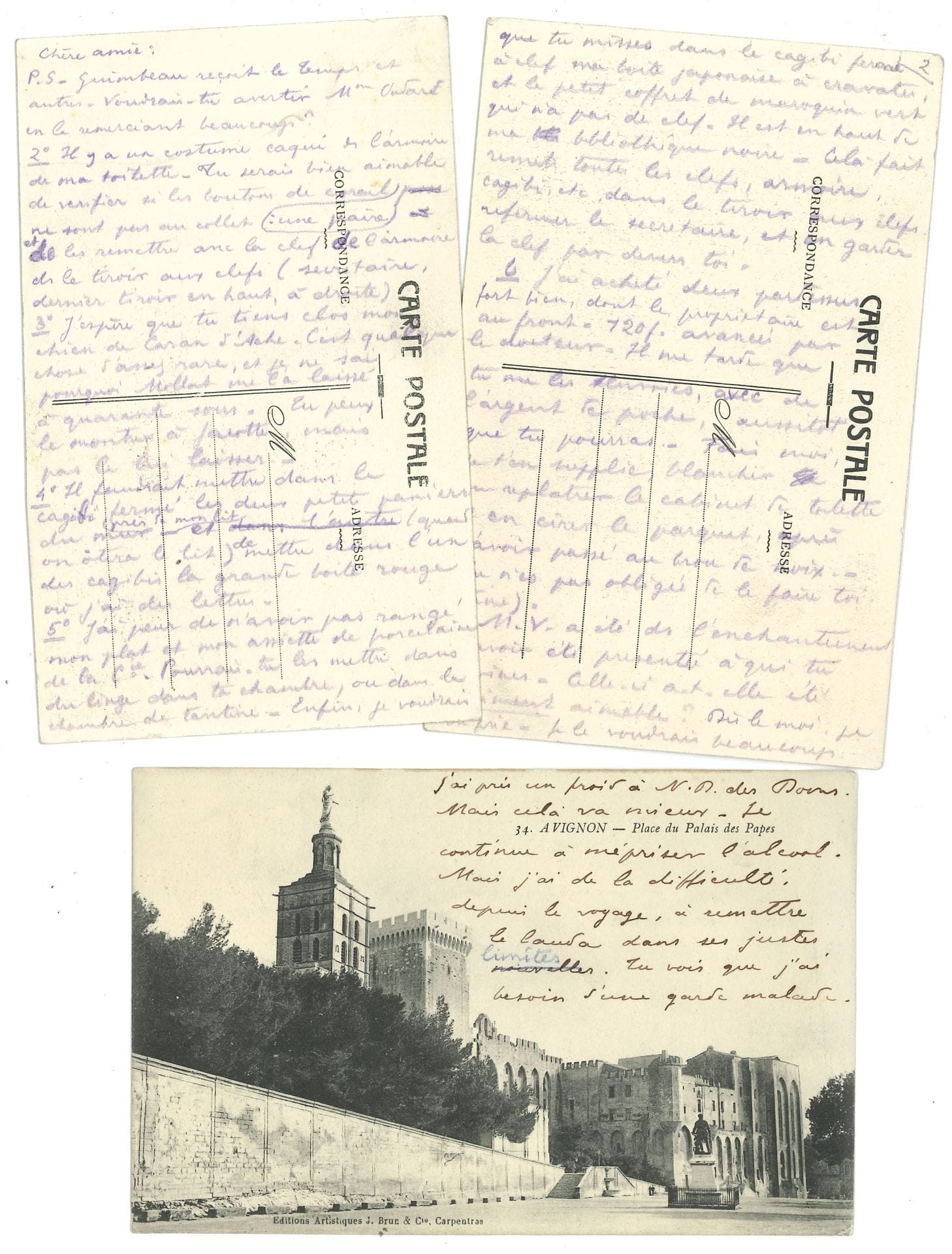 Paul-Jean TOULET (1867-1920). L.A.S. «pjean», [vers 1916], à sa «chère amie» [Mauricia Chaline]; 3pages et demie sur 3 cartes postales illustrées (vues d’Avignon), au crayon violet.
Longue lettre de recommandations matérielles à sa cousine Mauricia Chaline, alors qu’il est en convalescence et en cure à Avignon (Mauricia fut sa grande pourvoyeuse en alcool, tabac et laudanum, et l’aida souvent pécuniairement): vérifier les boutons d’un costume; faire attention à une œuvre d’art: «J’espère que tu tiens clos mon chien de Caran d’Ache. C’est quelque chose d’assez rare»; ranger et enfermer dans l’armoire ou le cajibi la boîte contenant sa correspondance ainsi que sa «boîte japonaise à cravate et le petit coffret maroquin», etc. Il lui recommande surtout de bien tout fermer à clef, «puis mettre toutes les clefs, armoire, cajibi, etc. dans le tiroir à clefs, refermer le secrétaire, et en garder la clef par devers toi». Il faut faire repeindre le cabinet de toilette et en «cirer le parquet, après l’avoir passé au brou de noix (Tu n’es pas obligée de le faire toi-même)», etc. Il s’est acheté deux pardessus «dont le propriétaire est au front», avec les 120F avancés par le docteur qu’il demande de lui envoyer rapidement, «avec de l’argent de poche»… Il parle ensuite de sa future épouse Marie Vergon, qui a été invitée par le Docteur à venir passer ici 3 à 4 semaines: «Repas à la villa, et chambre dans une maison modeste mais comme il faut, chez une vieille mercière jadis placée dans une bonne famille». Il lui a envoyé le prix du voyage en seconde, mais Marie hésite et il prie Mauricia d’insister et de la convaincre de venir le rejoindre: «Je voudrais qu’elle vienne un peu s’occuper de moi»… Au recto d’une des cartes, à l’encre, il a ajouté: «J’ai pris un froid à N.D. des Doms mais cela va mieux. Je continue à mépriser l’alcool. Mais j’ai des difficultés, depuis le voyage, à remettre le lauda dans ses justes limites. Tu vois que j’ai besoin d’une garde malade».
On joint une L.A.S., Guéthary 30 août 1918, condoléances à une dame qui vient de perdre son fils au combat; – et 2 notes autographes (4pages in-12 au crayon), conseils d’achats de livres et de lectures (A. de Noailles, Fromentin, Nerval, Maupassant, Schwob, Giraudoux, Laforgue, Jammes, etc.).