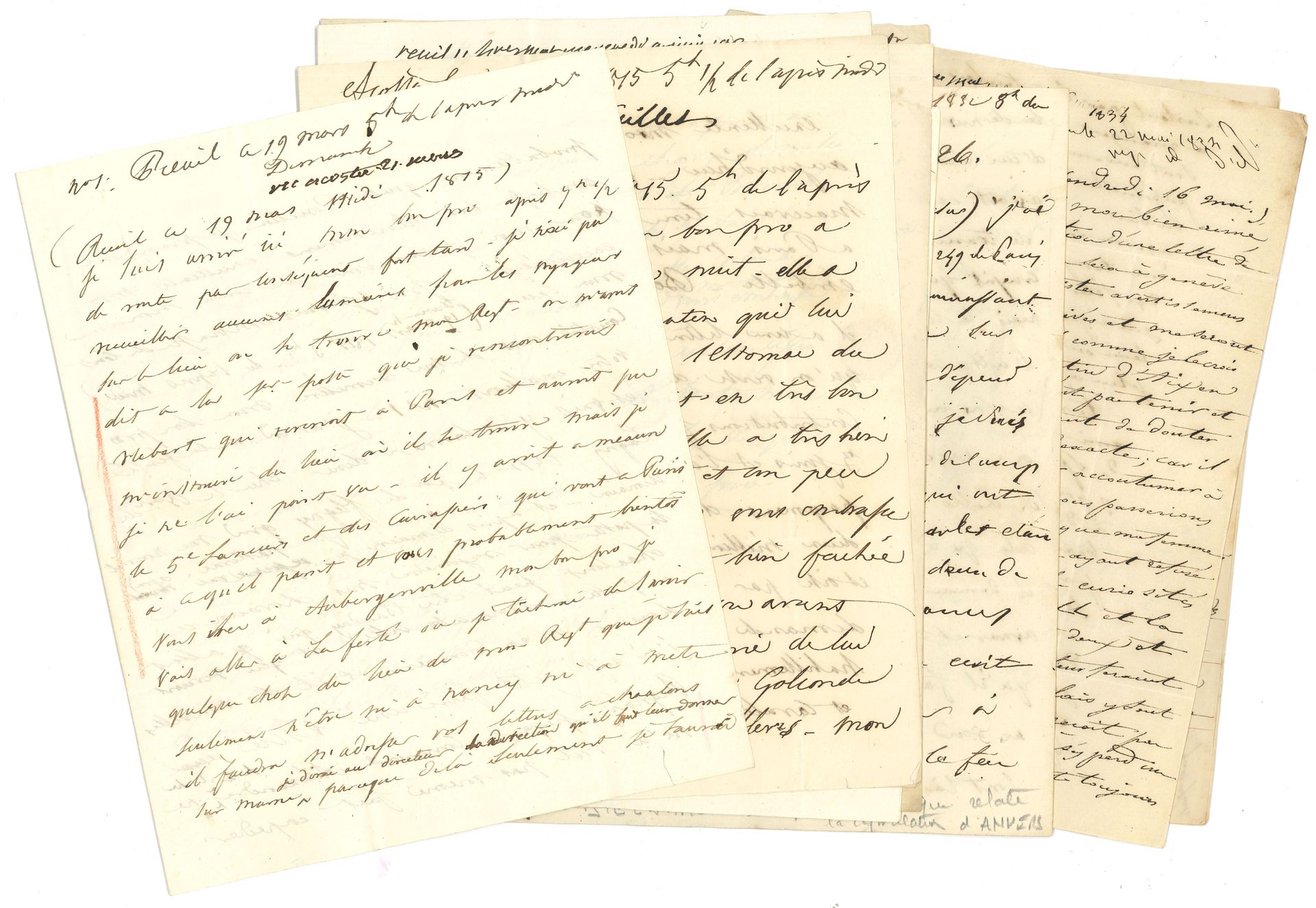 Boniface de castellane (1788-1862) maréchal de France. 9 L.A. (certaines dictées en partie autographes), 1815 et 1830-1835, à son père le général comte Boniface de Castellane-Novejean (3), ou à son fils Henri de Castellane (4); 27 pages petit in-4, adresses.
Reuil 19 mars 1815. Il ignore où se trouve son régiment, qui n’est ni à Nancy ni à Metz; il dînera ce soir chez le baron de Lagny à La Ferté... Acosta 9 juillet 1815. Le sous-préfet ordonne le prompt versement des contributions foncières «pour le payement d’une contribution de deux millions imposée au Dept de Seine-et-Oise par les Prussiens»... Reuil 8 juin 1830. Anecdote concernant le baron de Lagny: «Beaucoup de probité, un ministérialisme gravement visible... une politesse que certains croyent fille d’un amour propre gravement flatté... au reste cela vaut bien la grossièreté révolutionnaire, et même la politesse mal apprise»... 22-23 janvier 1832, sur la plaidoirie d’Hennequin contre Mme de Feuchères, au nom des princes de Rohan: «Cet assassinat du pauvre duc de Bourbon qu’on a voulu faire passer pour un suicide révolte toutes les circonstances de cet épouvantable crime!... et l’on assure que la position légale où elle se trouve protège cette scélérate qu’elle gagnera son procès et restera couverte d’or et d’infamie. C’est pourtant un malheur public que l’acquittement d’un tel monstre»... Q.G. de Merckem 23-24 décembre 1832, sur le siège d’Anvers: «Ce matin à 8h le gal Chassé a écrit au mal Gerard pour lui demander à capituler à 9h on a cessé le feu. Le dernier coup de canon a emporté le bras d’un lieut. d’artillerie. Cette arme depuis 36 heures avait eu 7 officiers tués ou blessés»... Perpignan 17 décembre 1833. «Morella a été pris le 10 Xbre par les troupes de la Reine; c’était un point du royaume de Valence, où les insurgés avaient établi une junte carliste»... Aix-en-Savoie 16 mai [1834]. Rapide tableau d’Aix et de Spa, où les Anglais dominent et l’argent coule à flots. Il se rend à Genève... Nice 15-16 mars 1835. Son fils a raison de dire qu’ils sont moins sérieux dans ce lieu de plaisir qu’ailleurs: il évoque «les marionettes du pape» de la veille...
